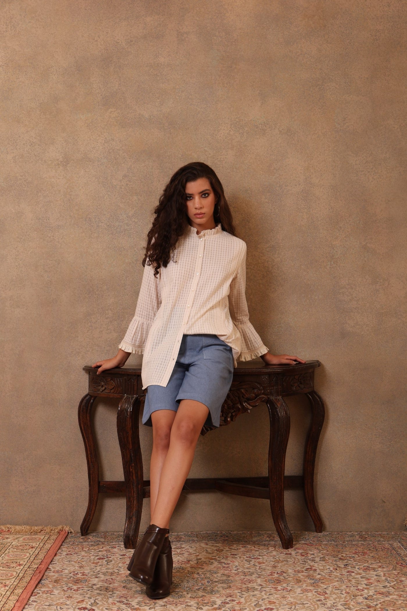 Off-White Pure Silk-Cotton (Cutwork) Short Blouse With Pure Silk-Cotton Frills