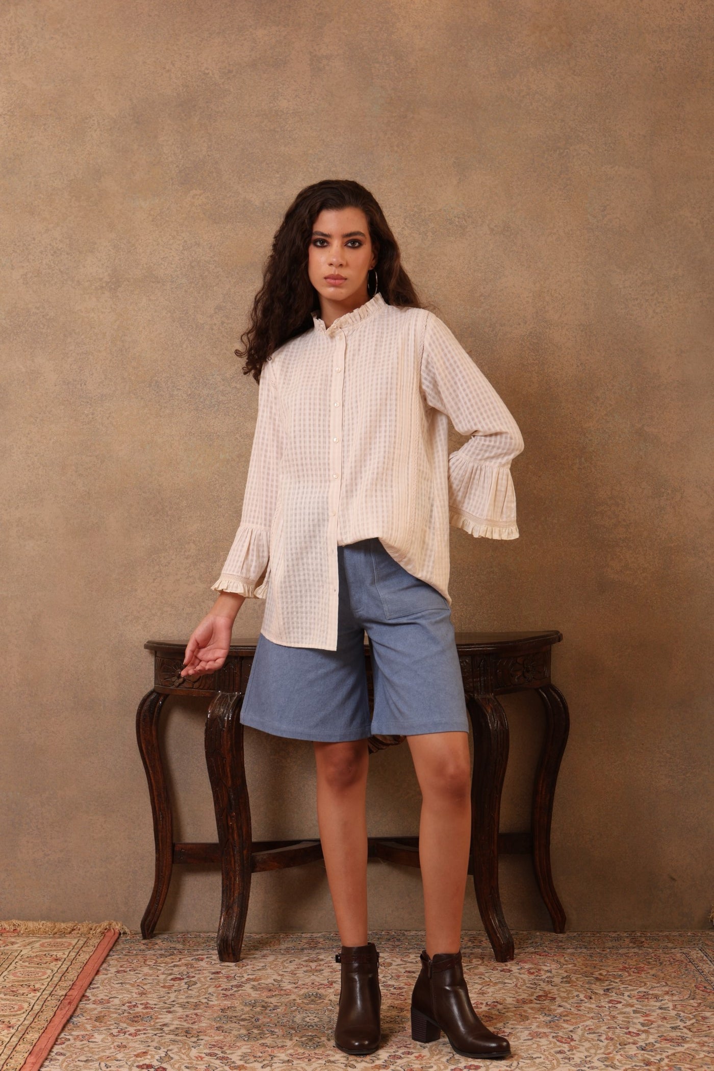 Off-White Pure Silk-Cotton (Cutwork) Short Blouse With Pure Silk-Cotton Frills
