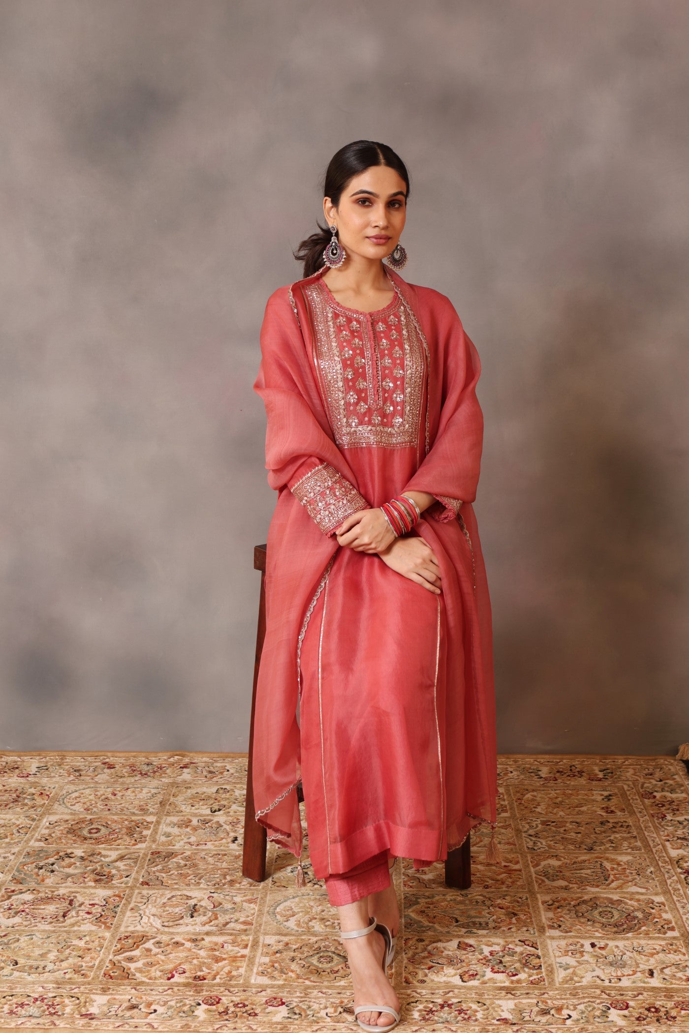 Hand Embroidered Dark Tea Rose Pure Silk Organza Kurta Pants Set