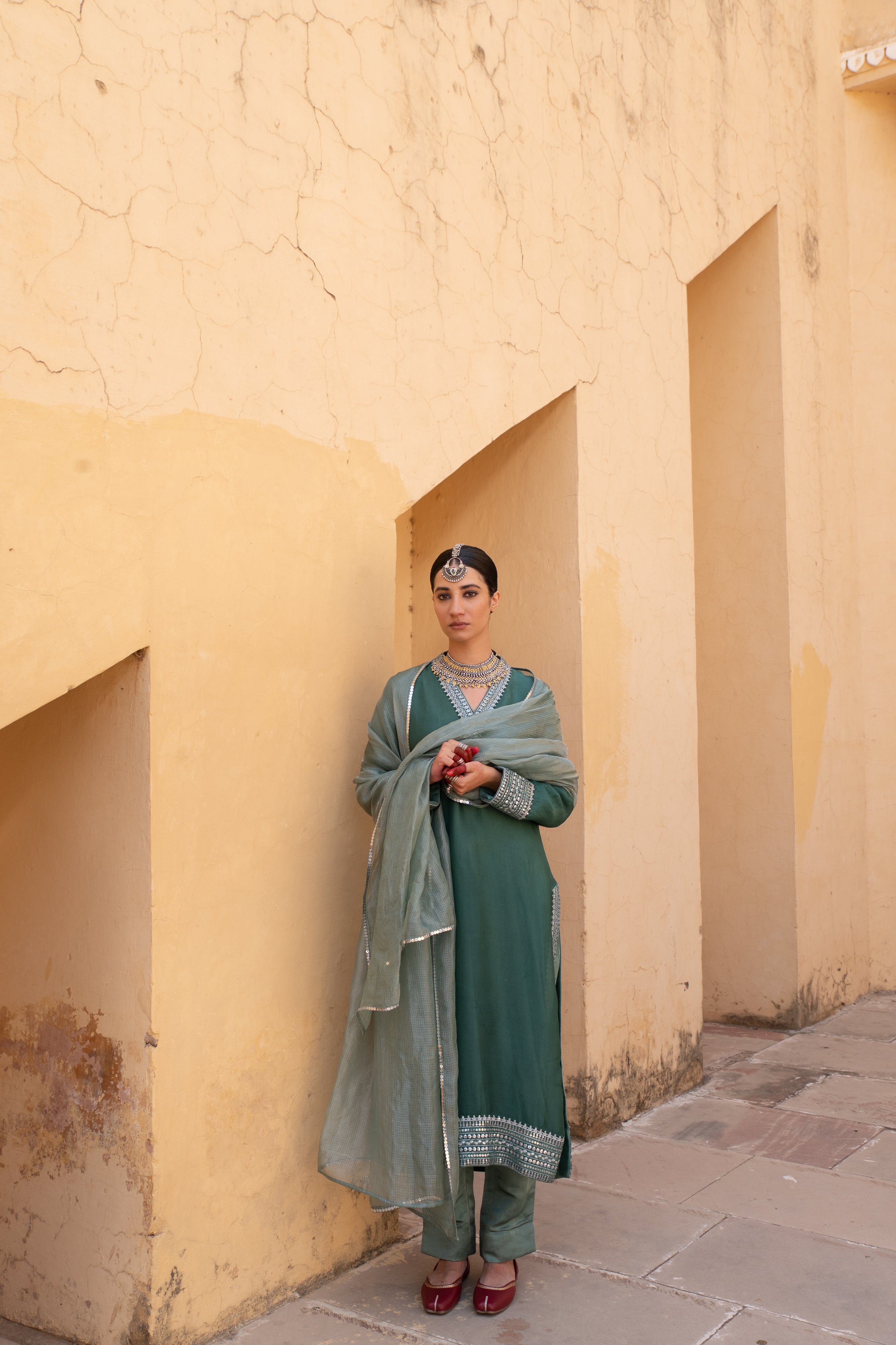 Emerald-Green Embroidered Pure Silk-Organza Kurta-Pants Set