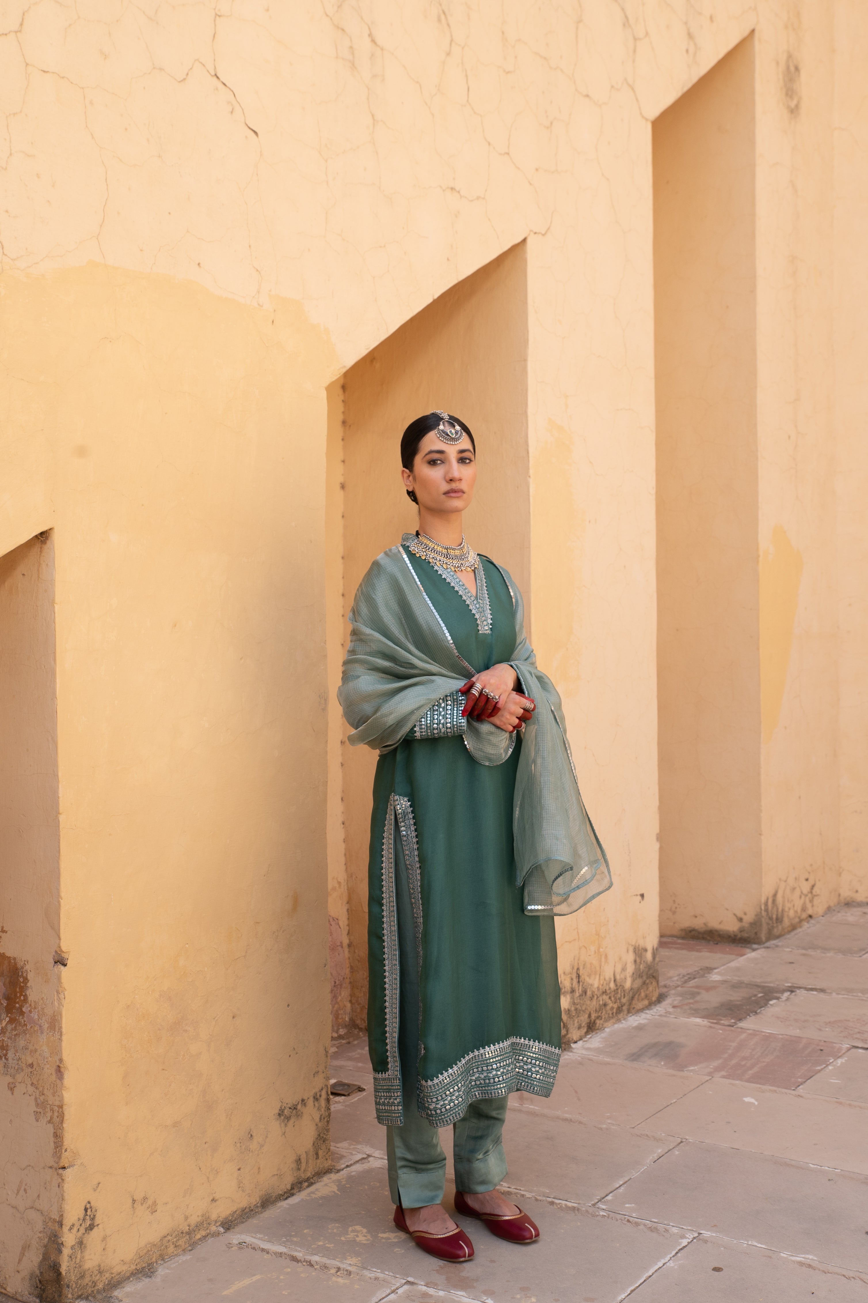 Emerald-Green Embroidered Pure Silk-Organza Kurta-Pants Set