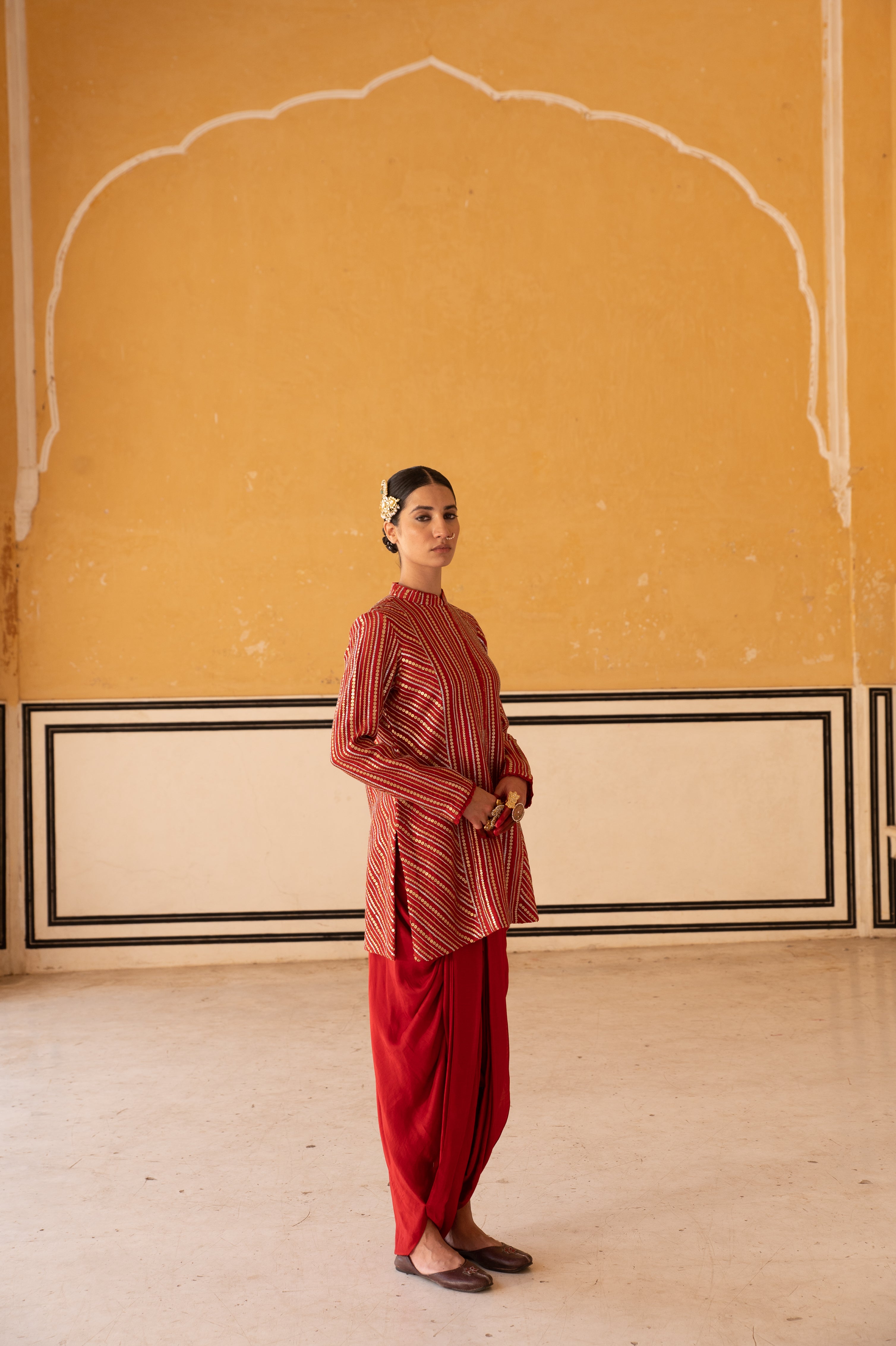 Bridal-Red Sequinned Jacket-Style Short Kurta With Dhoti-Salwar
