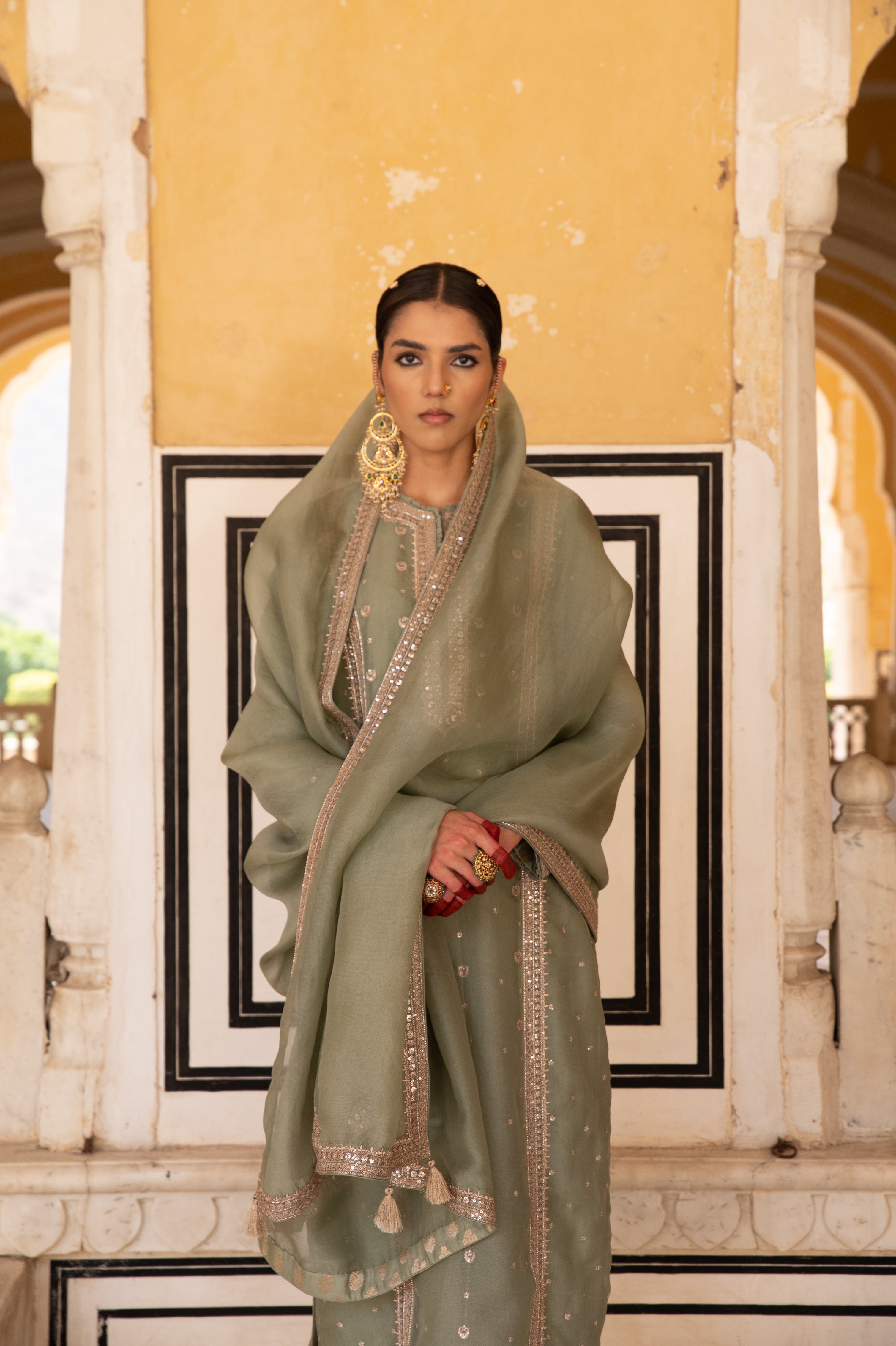 Fern-Green Hand-Embroidered Pure Silk-Organza Kurta-Pants Set