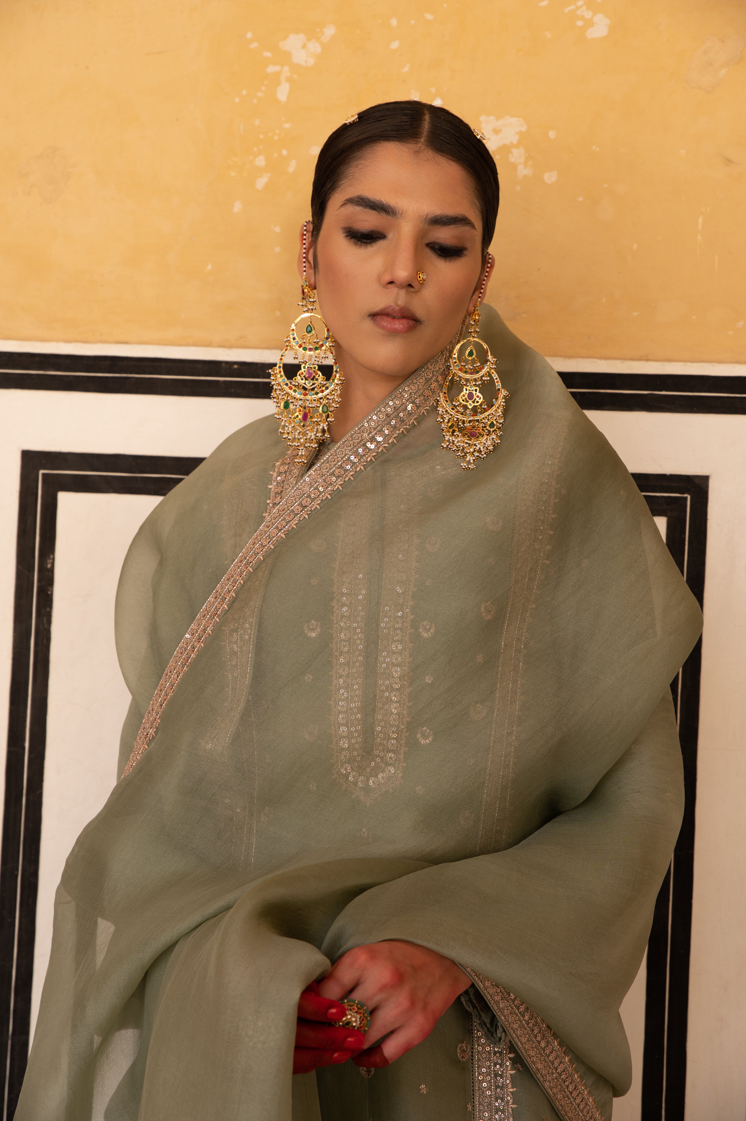 Fern-Green Hand-Embroidered Pure Silk-Organza Kurta-Pants Set