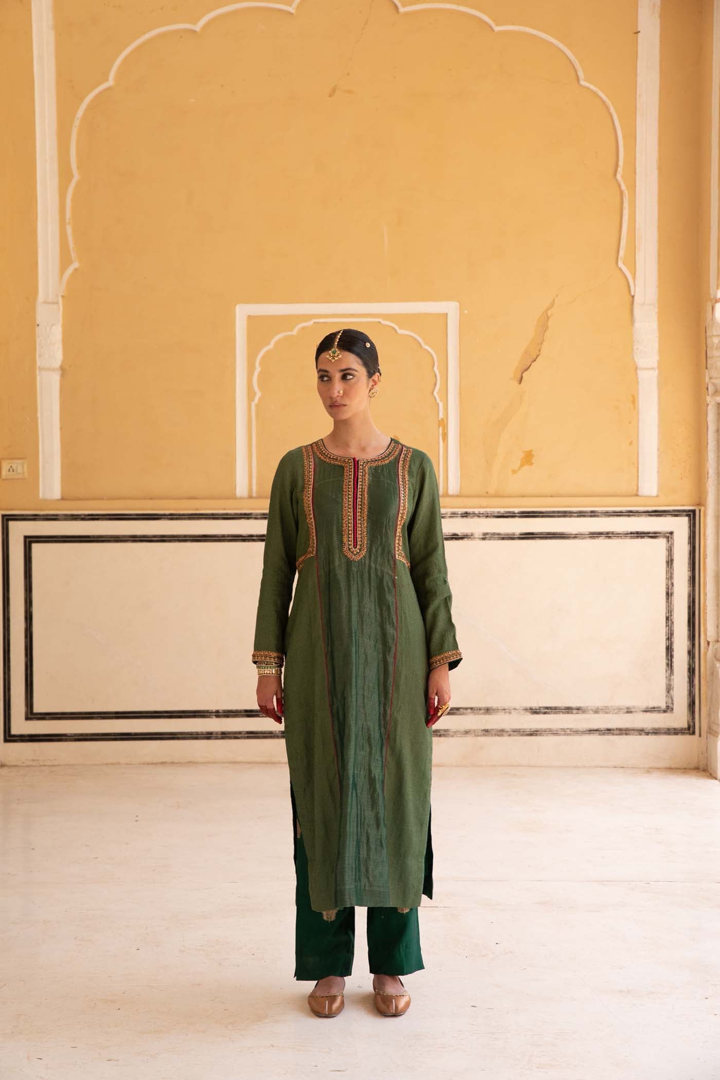Bottle-Green Hand-Embroidered Handloom Pure Cotton-Silk (Stripes & Checks) Kurta-Pants Set