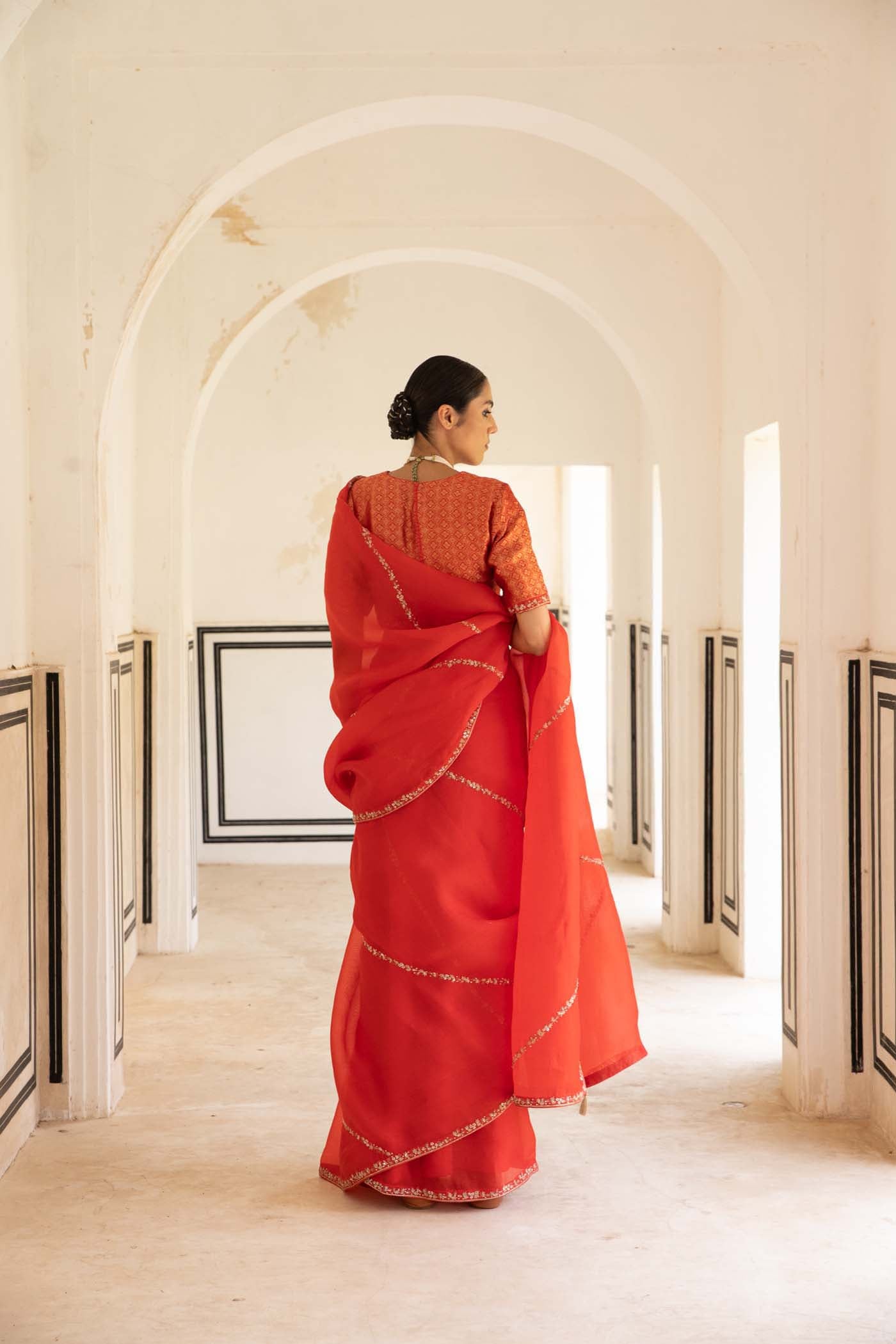 Tomato-Red Hand-Embroidered Pure Silk-Organza Saree With Pure Brocade Blouse Set