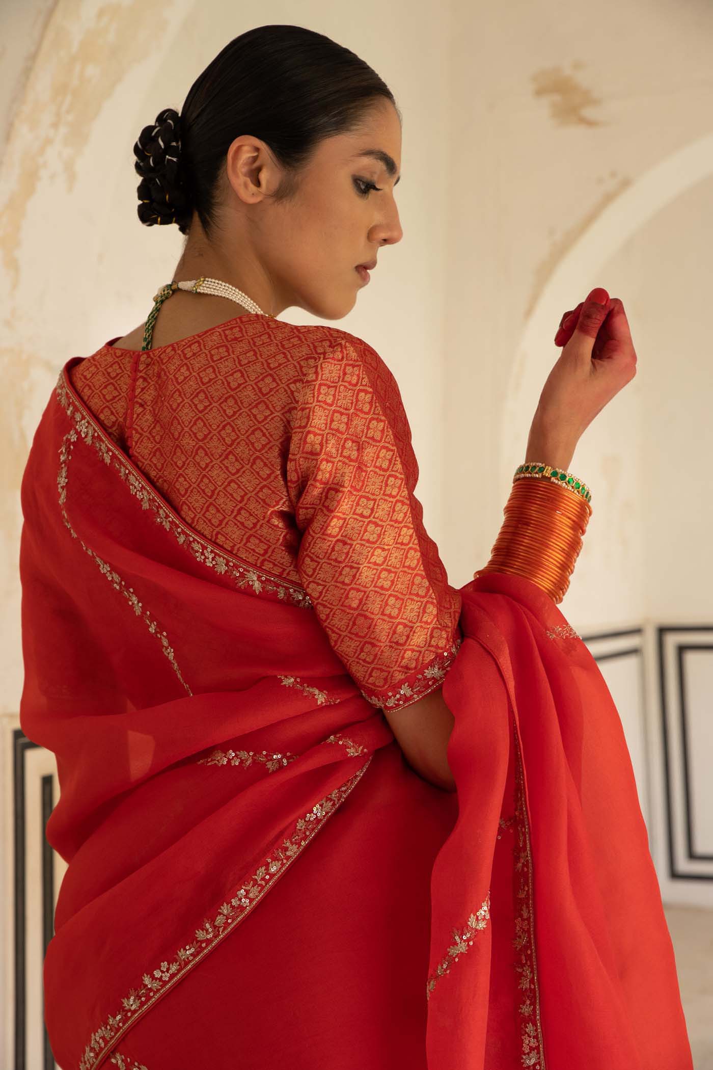 Tomato-Red Hand-Embroidered Pure Silk-Organza Saree With Pure Brocade Blouse Set