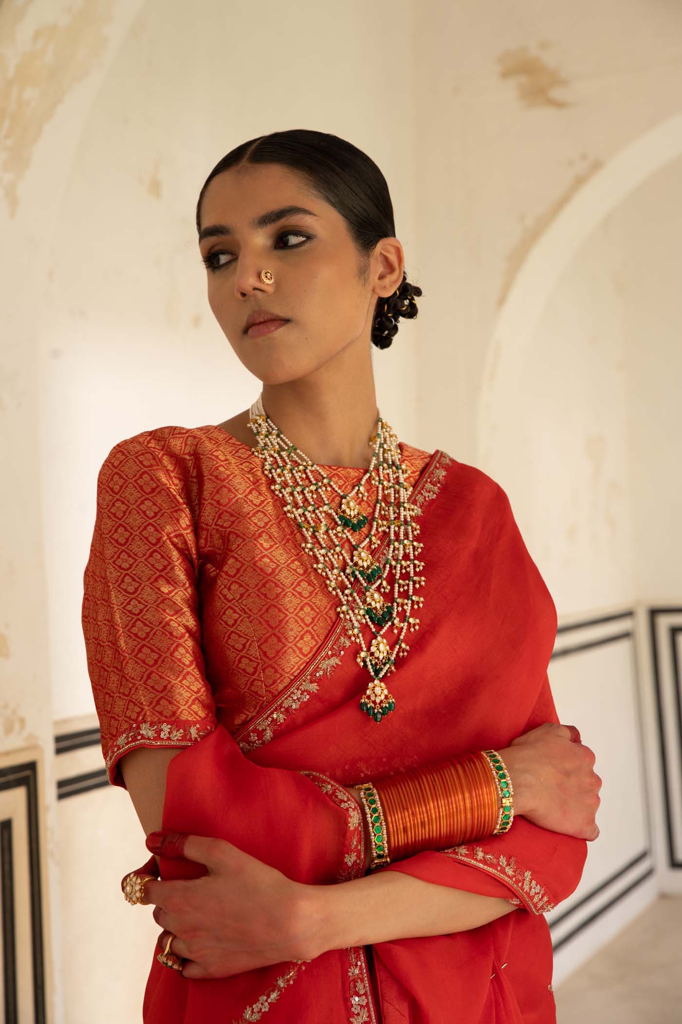 Tomato-Red Hand-Embroidered Pure Silk-Organza Saree With Pure Brocade Blouse Set