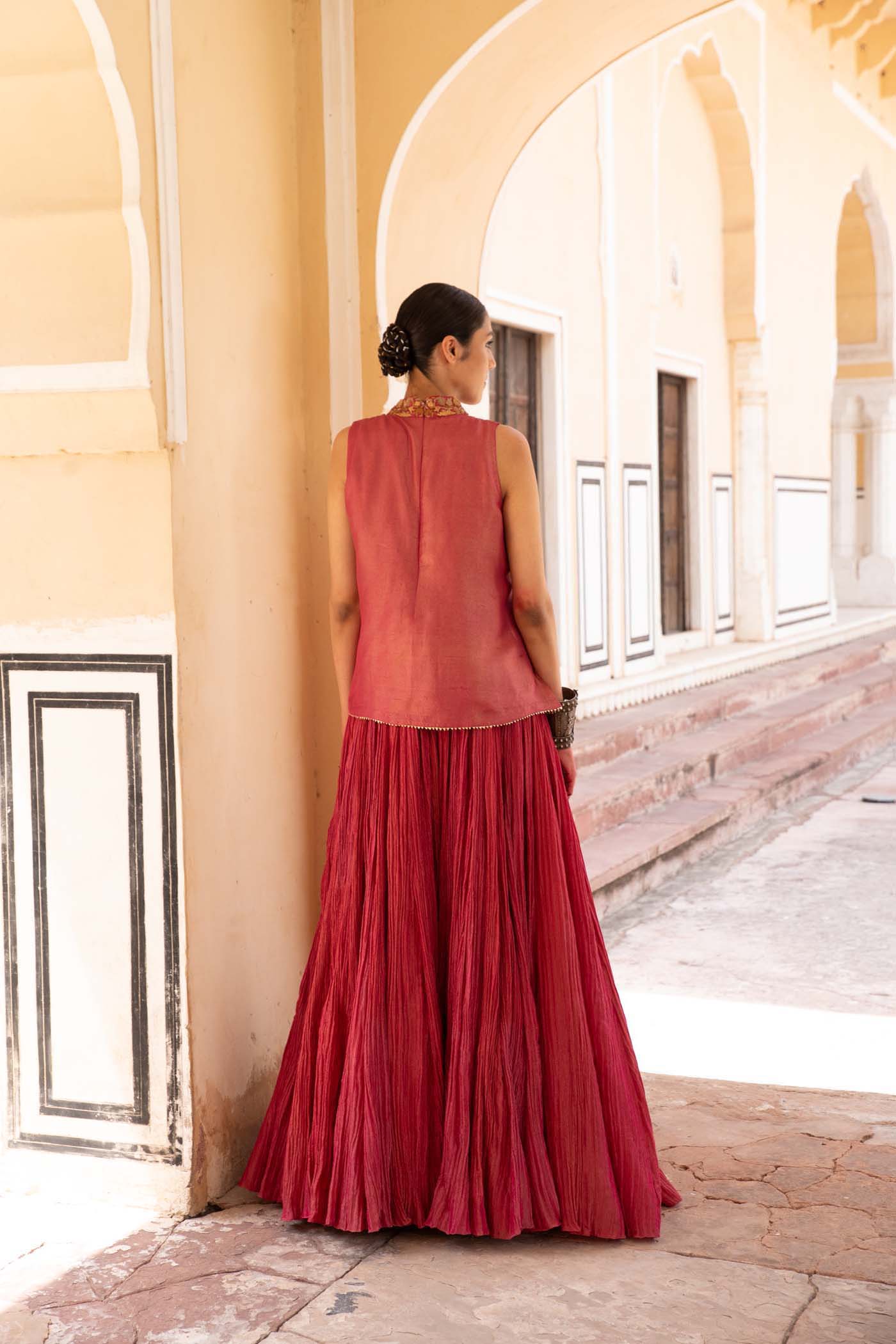Rani-Pink Hand-Embroidered Pure Silk-Tissue Short-Kurti Lehenga-Set