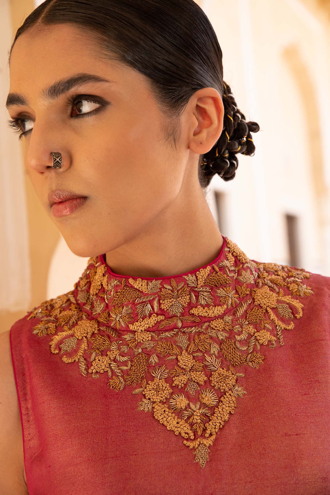 Rani-Pink Hand-Embroidered Pure Silk-Tissue Short-Kurti Lehenga-Set