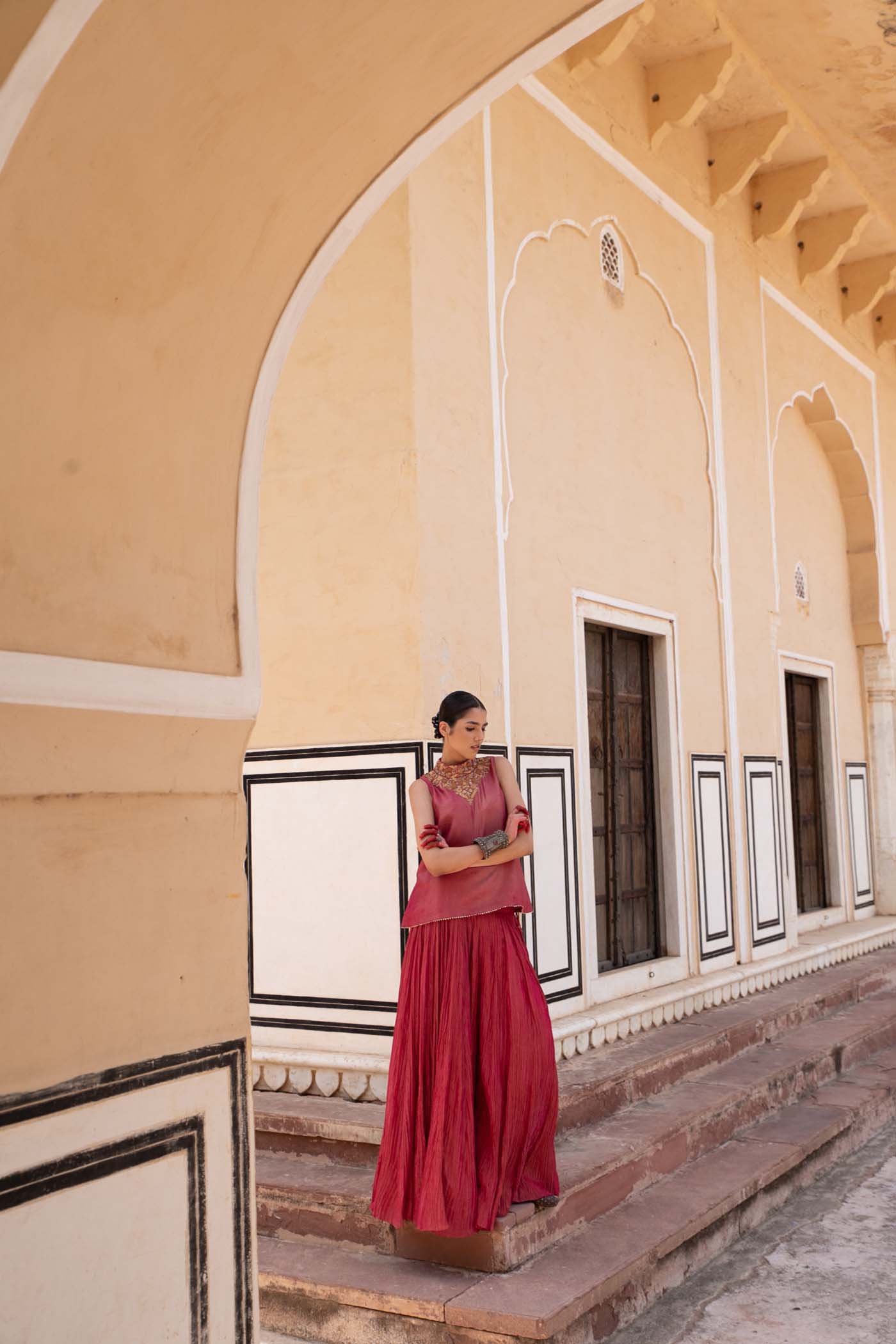 Rani-Pink Hand-Embroidered Pure Silk-Tissue Short-Kurti Lehenga-Set
