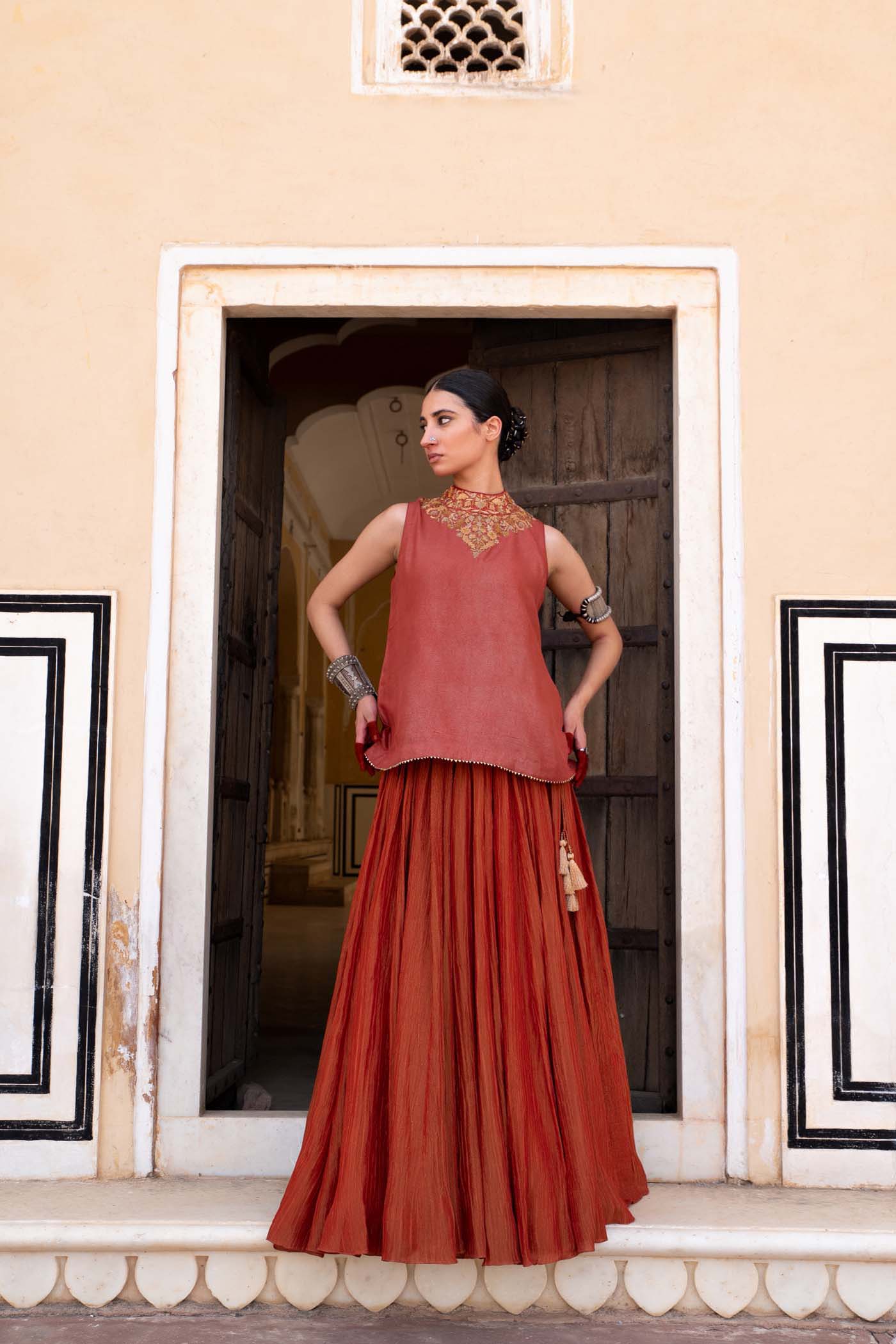 Tomato-Red Hand-Embroidered Pure Silk-Tissue Short-Kurti Lehenga-Set