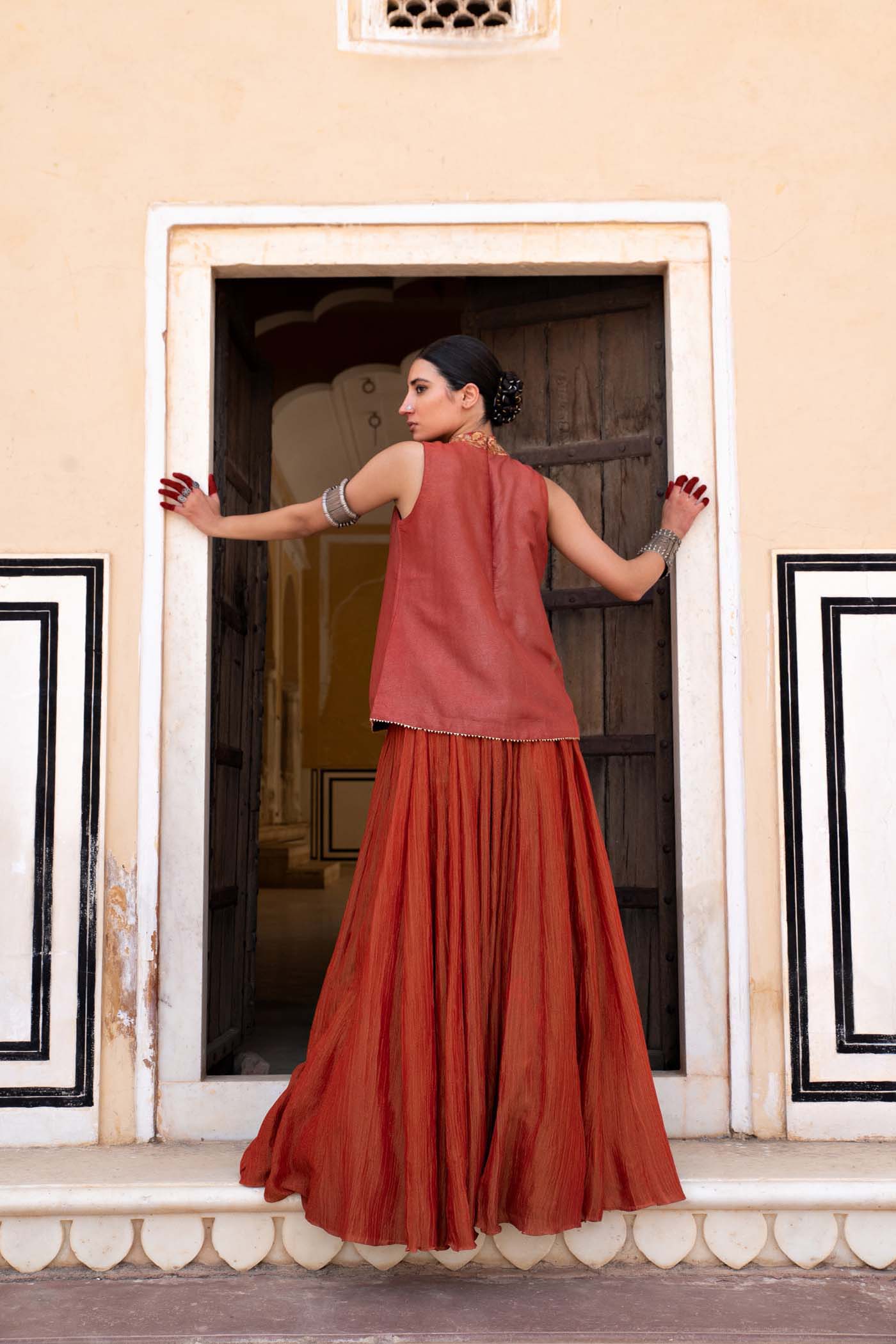 Tomato-Red Hand-Embroidered Pure Silk-Tissue Short-Kurti Lehenga-Set