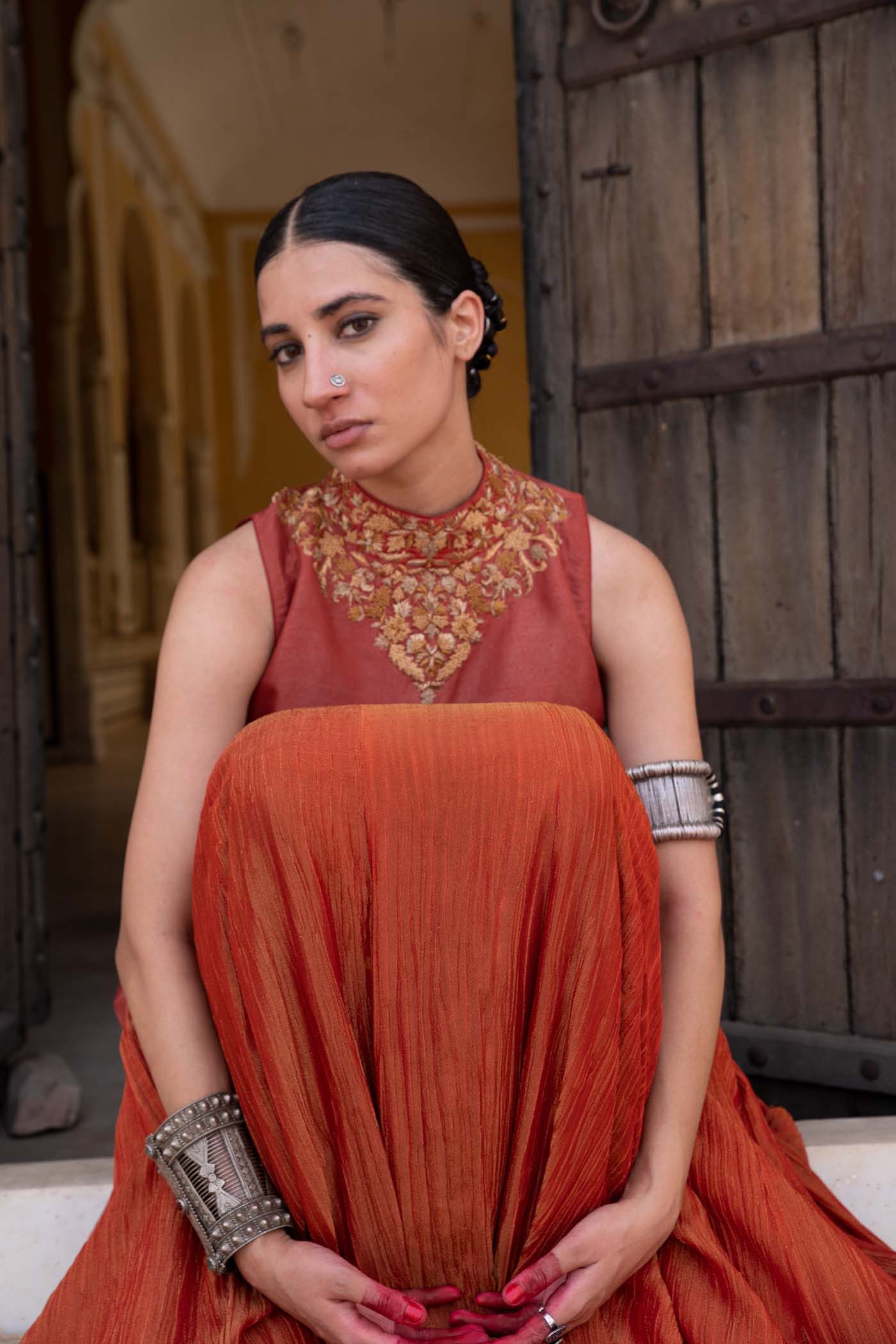 Tomato-Red Hand-Embroidered Pure Silk-Tissue Short-Kurti Lehenga-Set