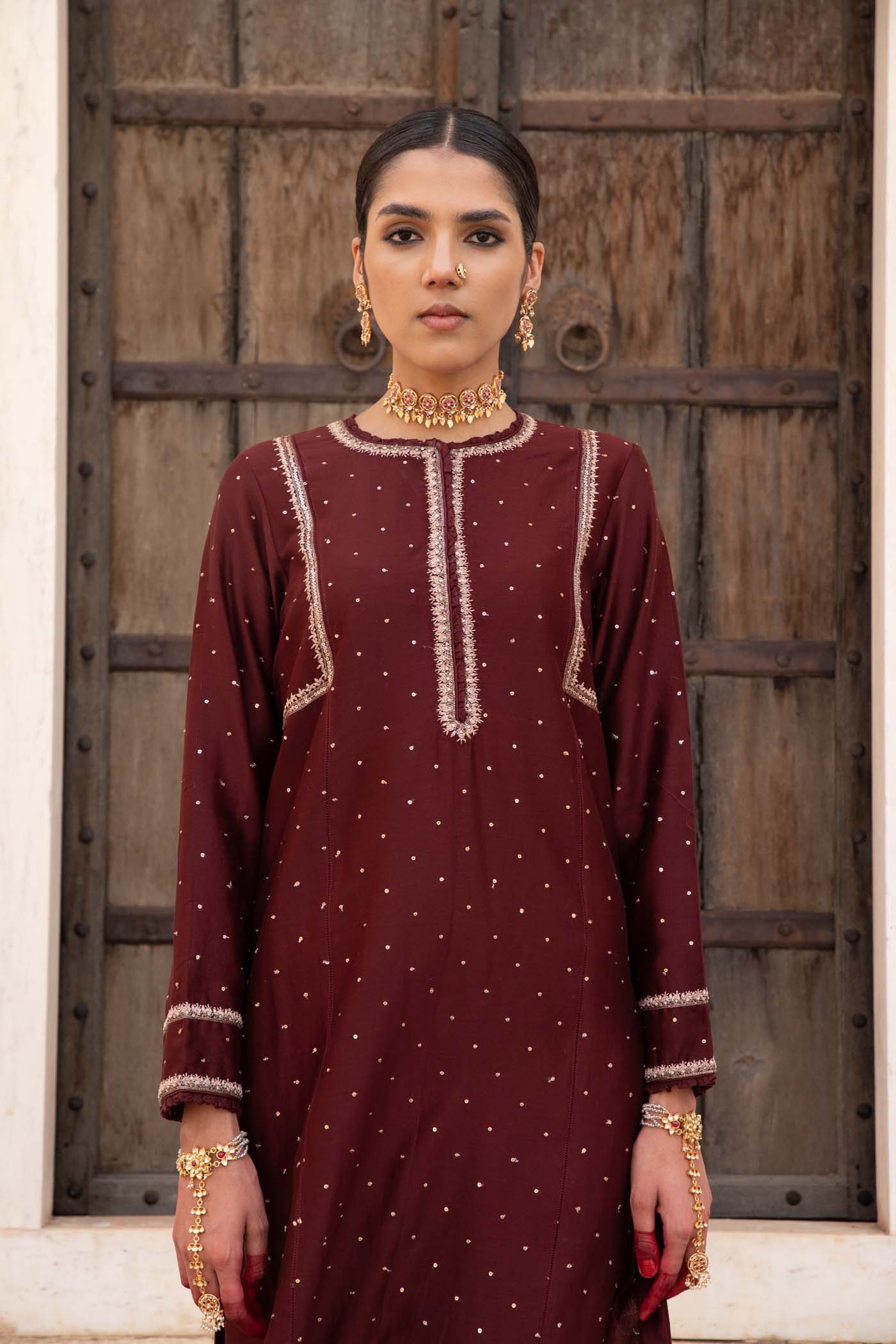 Dark-Maroon Hand-Embroidered Pure Silk-Cotton Kurta-Pants Set