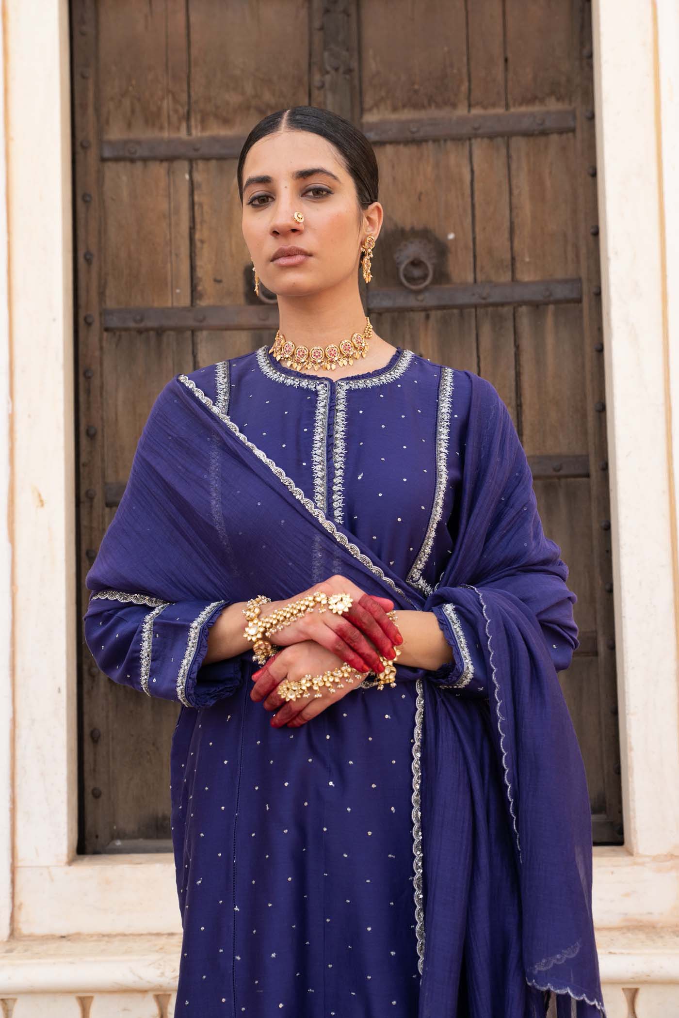 Royal-Blue Hand-Embroidered Pure Silk-Cotton Kurta-Pants Set