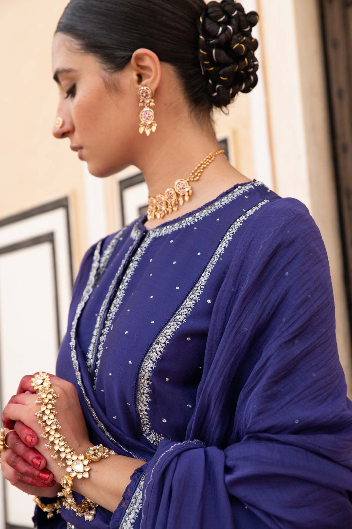 Royal-Blue Hand-Embroidered Pure Silk-Cotton Kurta-Pants Set