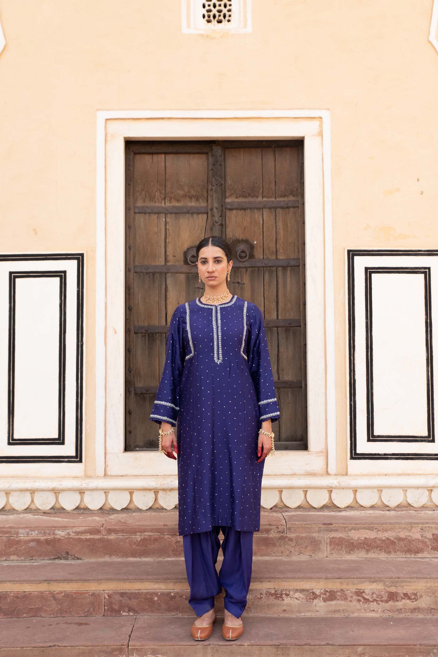 Royal-Blue Hand-Embroidered Pure Silk-Cotton Kurta-Pants Set