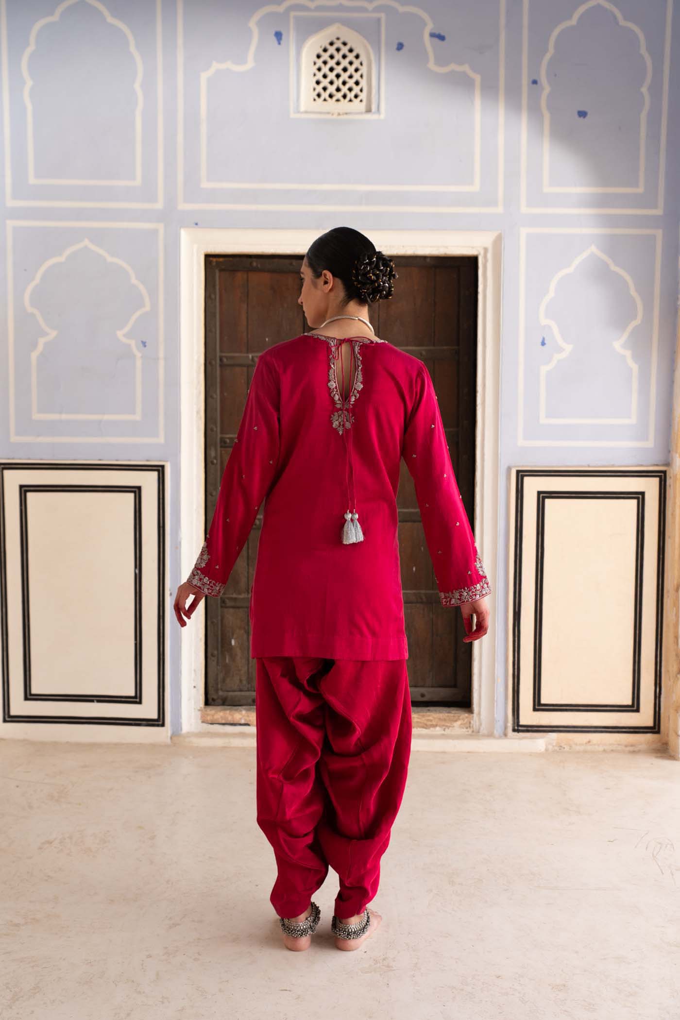 Rani-Pink Hand-Embroidered Handloom Pure Mashru-Silk (Katan Silk & Cotton) Short-Kurta-Salwar Set
