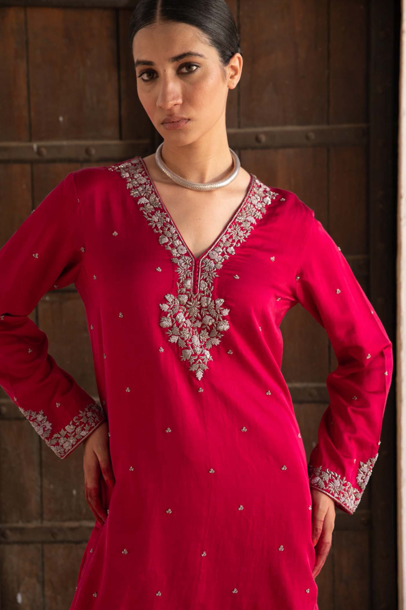 Rani-Pink Hand-Embroidered Handloom Pure Mashru-Silk (Katan Silk & Cotton) Short-Kurta-Salwar Set