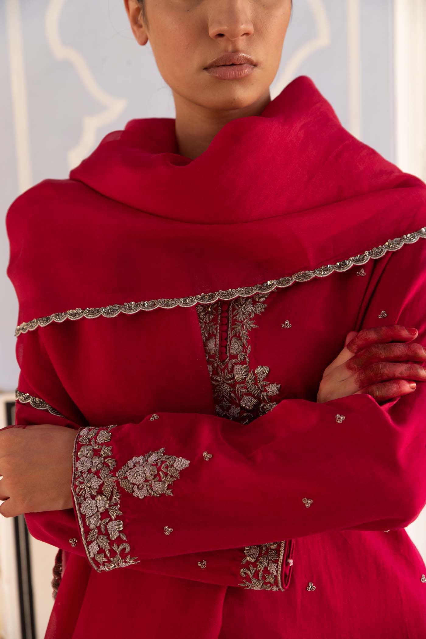 Rani-Pink Hand-Embroidered Handloom Pure Mashru-Silk (Katan Silk & Cotton) Short-Kurta-Salwar Set