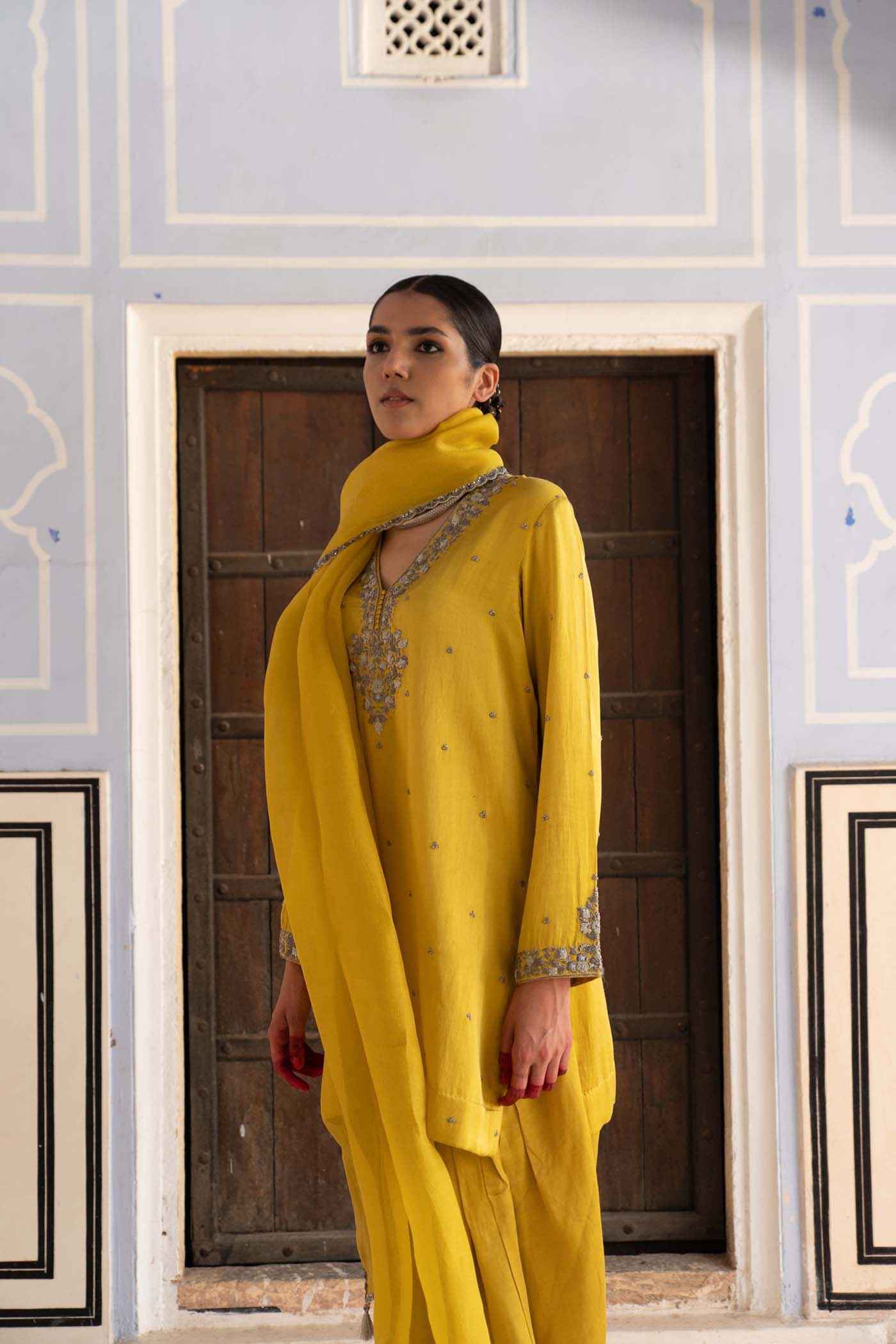 A Lime-Yellow Hand-Embroidered Handloom Pure Mashru-Silk (Katan Silk & Cotton) Short-Kurta-Salwar Set
