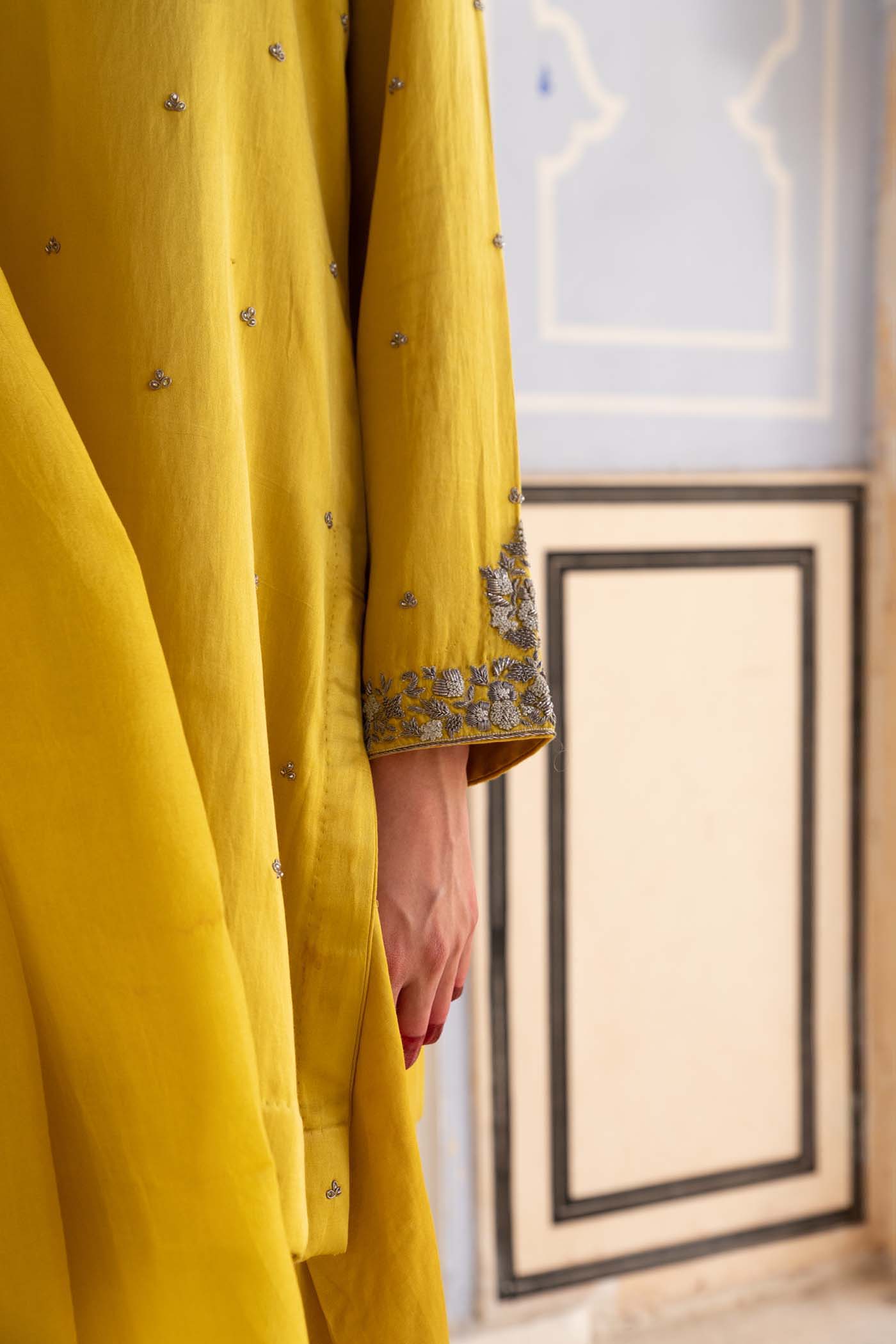 A Lime-Yellow Hand-Embroidered Handloom Pure Mashru-Silk (Katan Silk & Cotton) Short-Kurta-Salwar Set