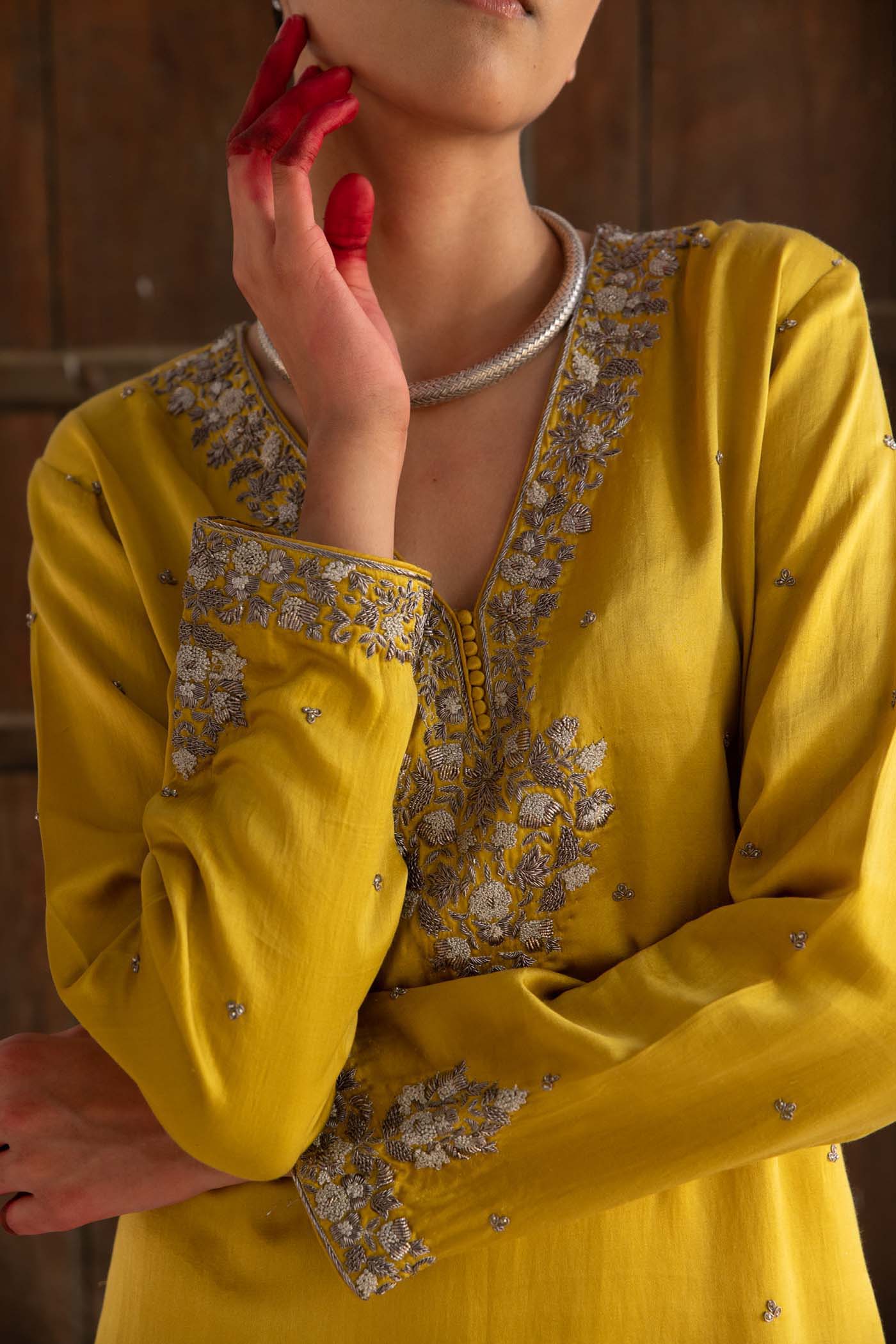 A Lime-Yellow Hand-Embroidered Handloom Pure Mashru-Silk (Katan Silk & Cotton) Short-Kurta-Salwar Set