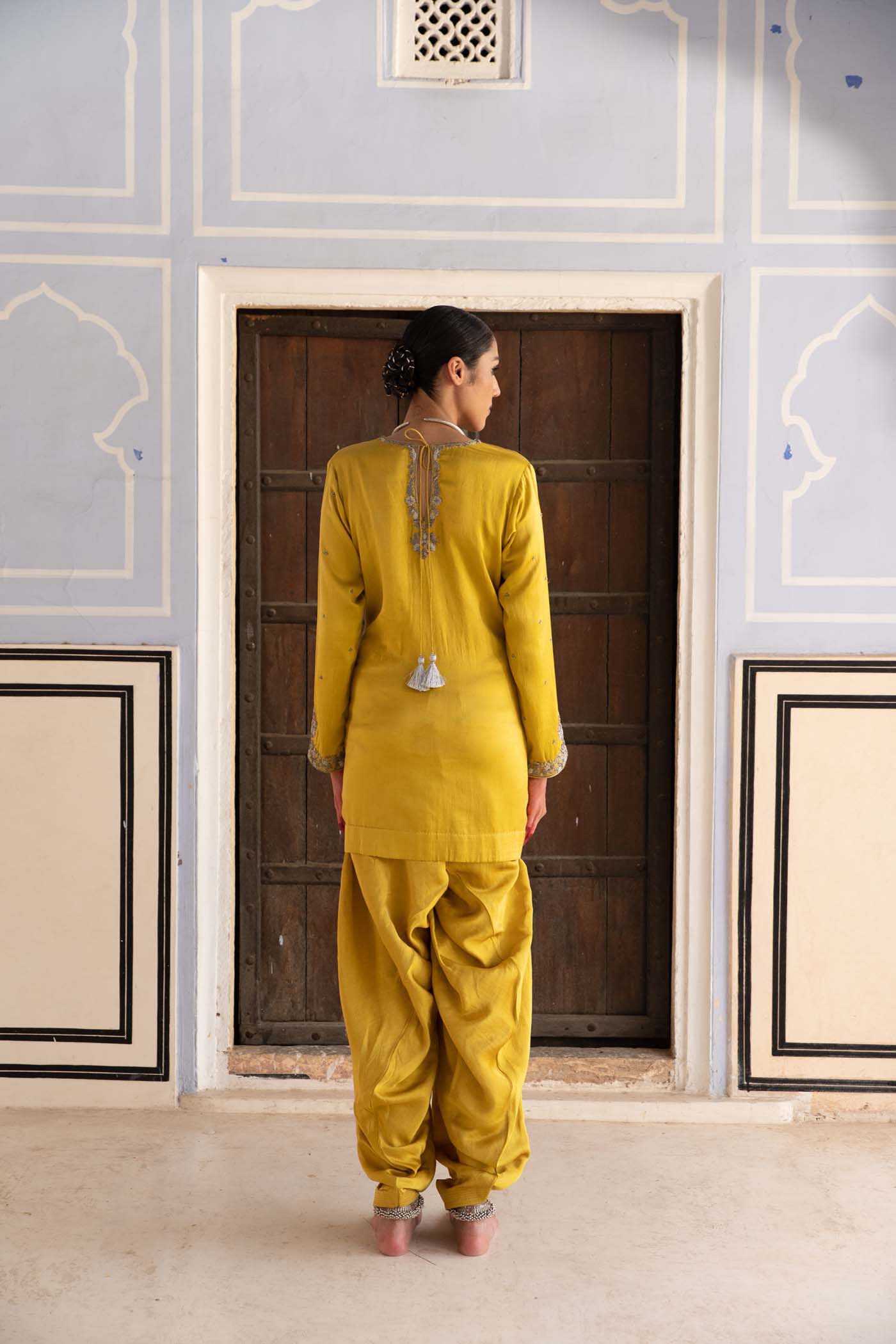 A Lime-Yellow Hand-Embroidered Handloom Pure Mashru-Silk (Katan Silk & Cotton) Short-Kurta-Salwar Set