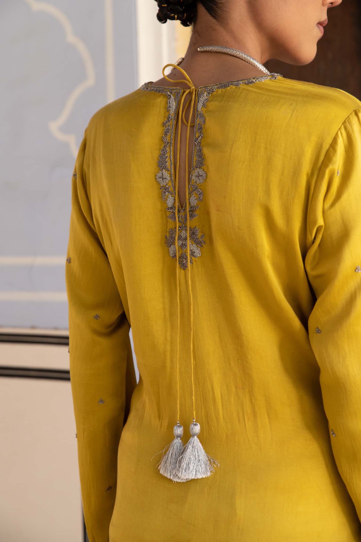 A Lime-Yellow Hand-Embroidered Handloom Pure Mashru-Silk (Katan Silk & Cotton) Short-Kurta-Salwar Set