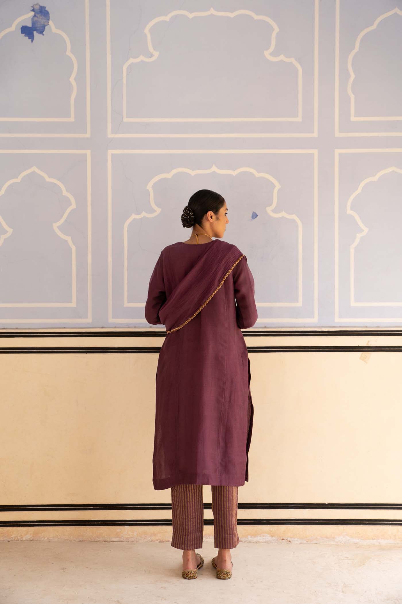 Dusty-Wine Hand-Embroidered Pure Silk-Organza Kurta-Pants Set
