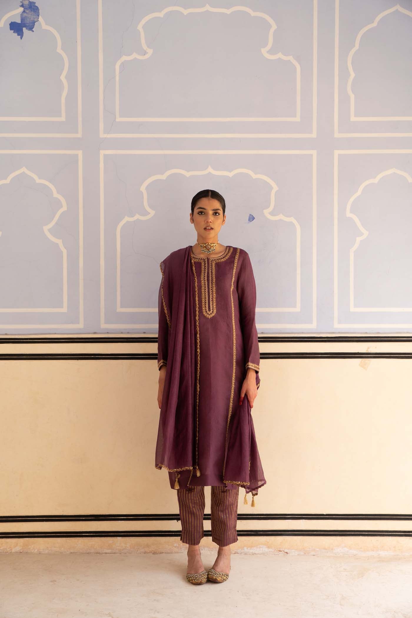 Dusty-Wine Hand-Embroidered Pure Silk-Organza Kurta-Pants Set