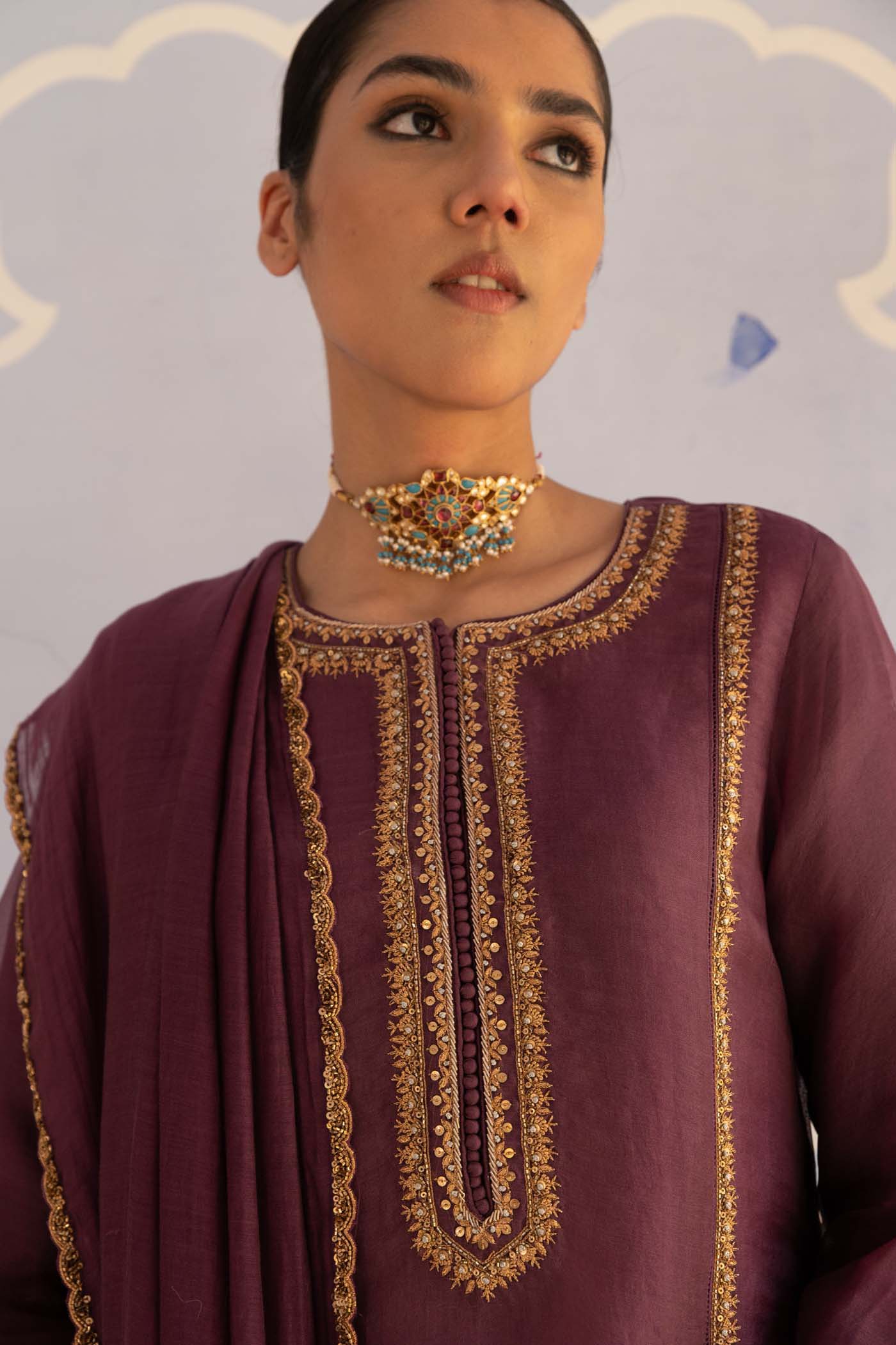 Dusty-Wine Hand-Embroidered Pure Silk-Organza Kurta-Pants Set