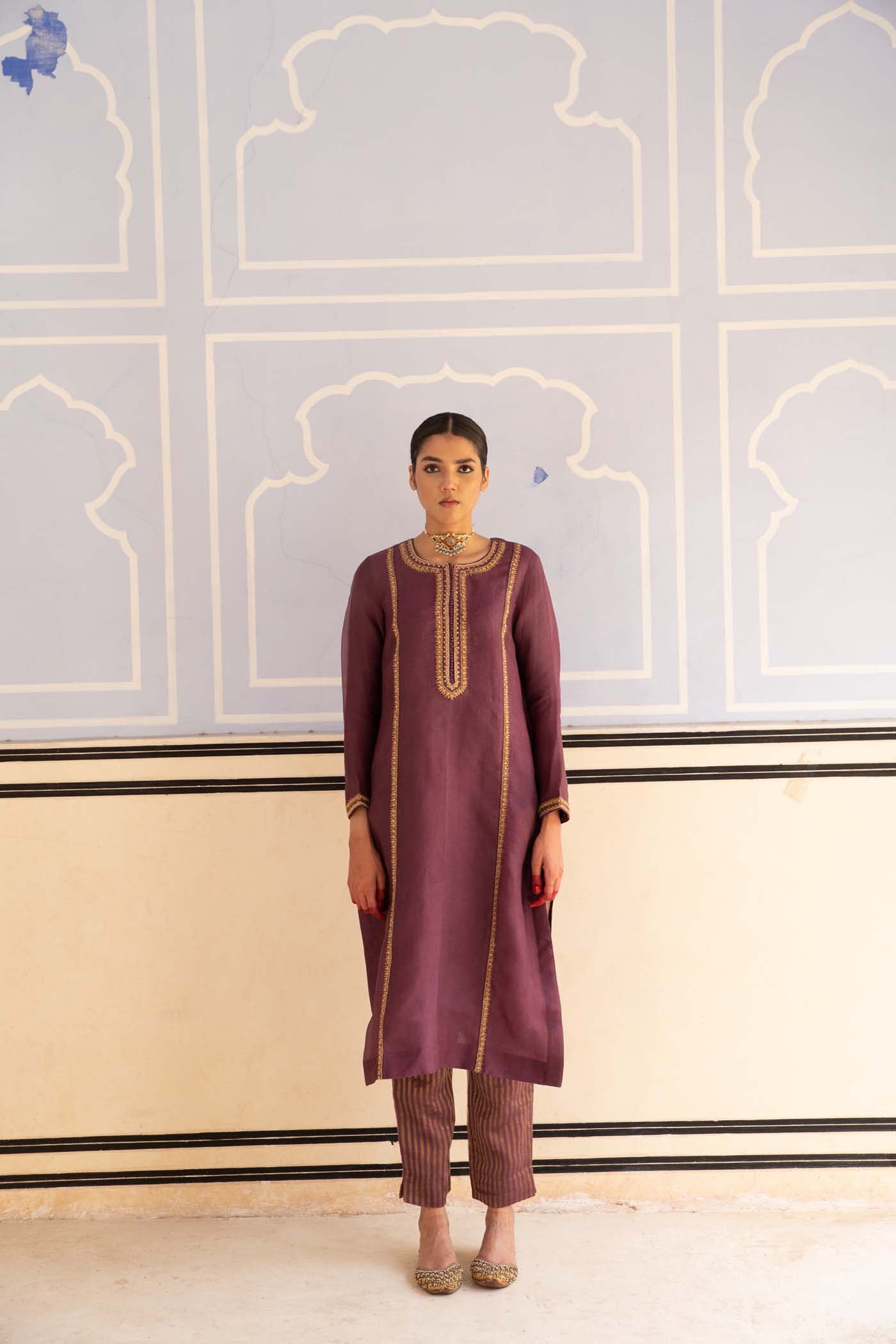 Dusty-Wine Hand-Embroidered Pure Silk-Organza Kurta-Pants Set