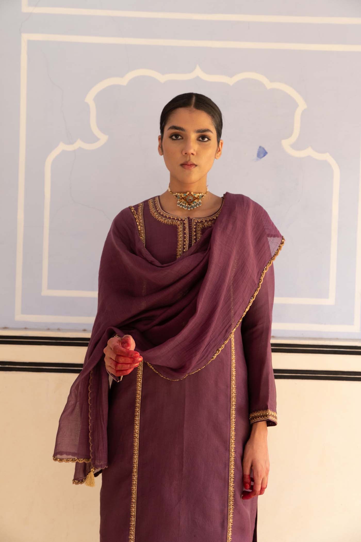 Dusty-Wine Hand-Embroidered Pure Silk-Organza Kurta-Pants Set
