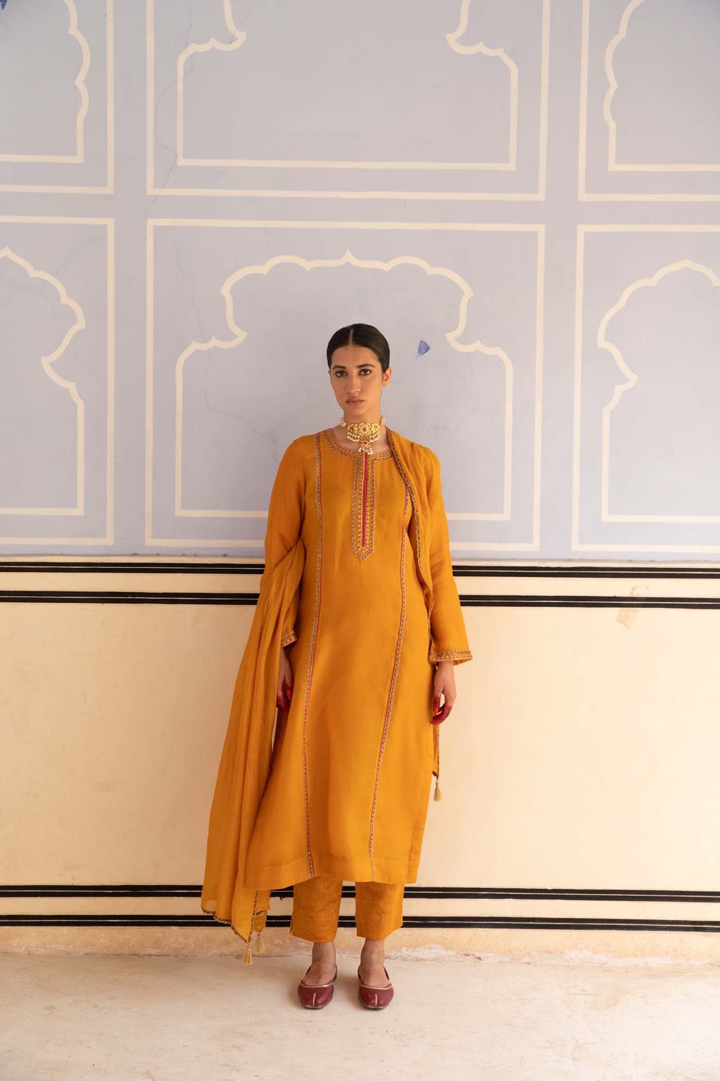 Mango-Yellow Hand-Embroidered Pure Silk-Organza Kurta-Pants Set