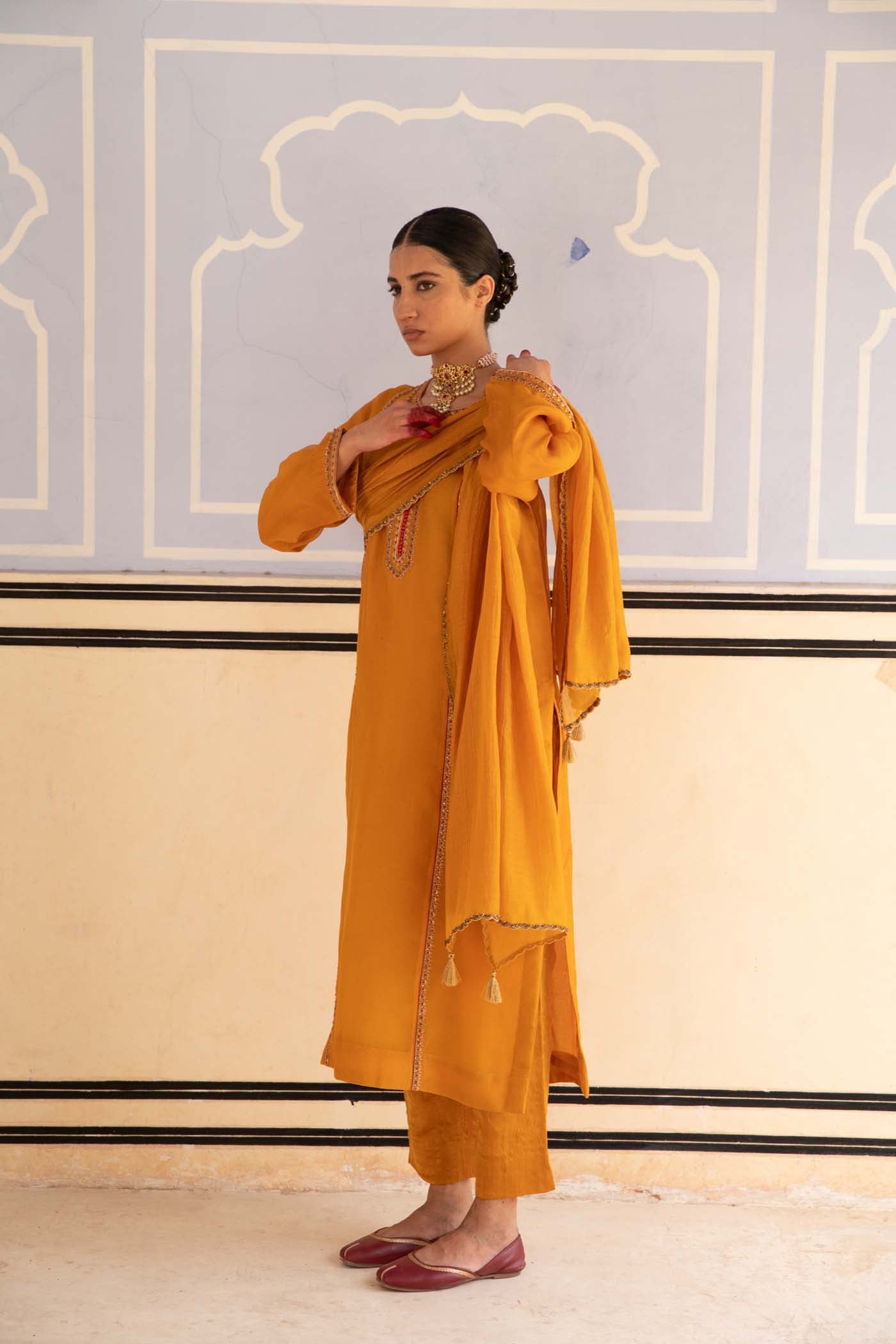 Mango-Yellow Hand-Embroidered Pure Silk-Organza Kurta-Pants Set