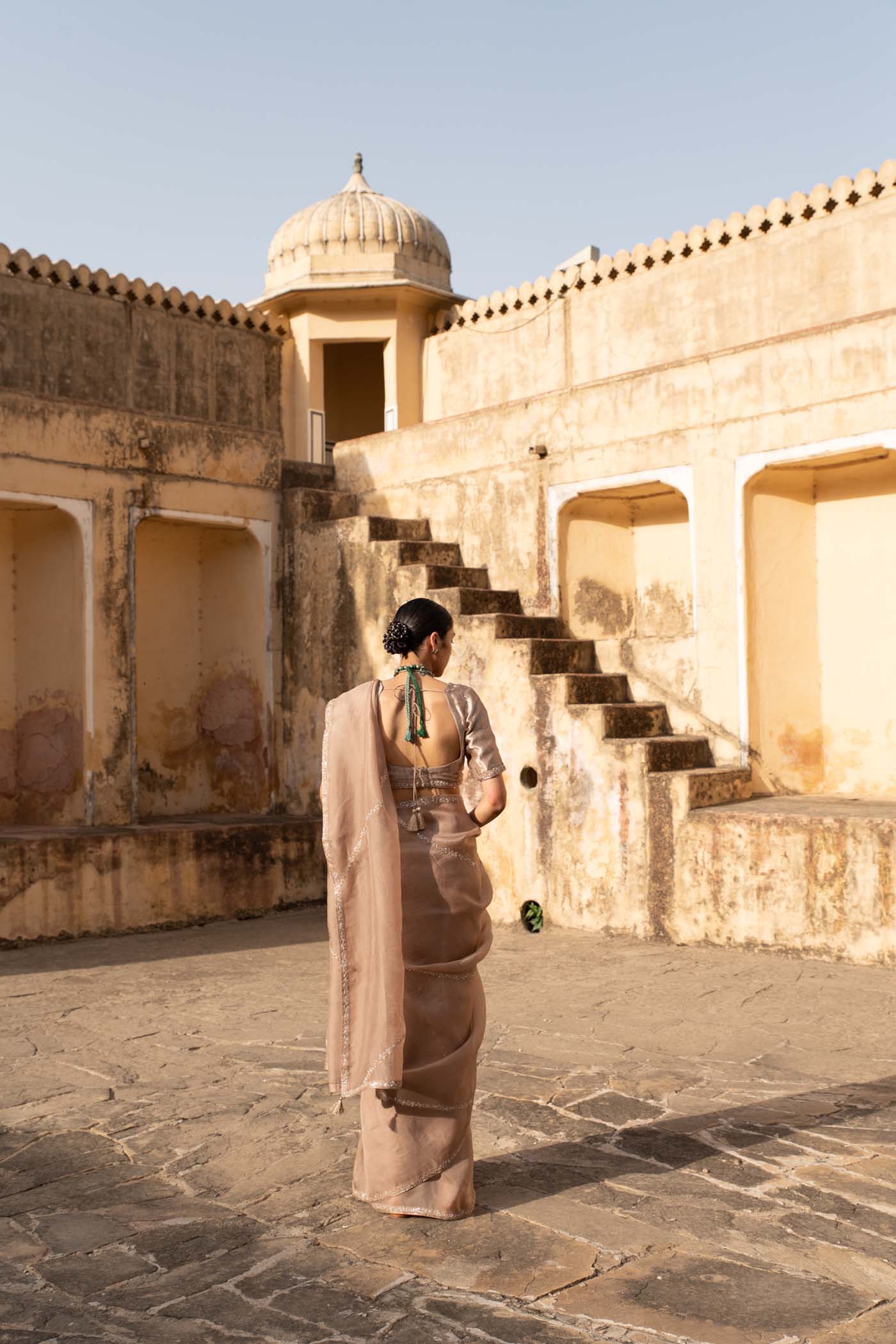A Sand-Beige Hand-Embroidered Pure Silk-Organza Saree With Pure Brocade Blouse Set