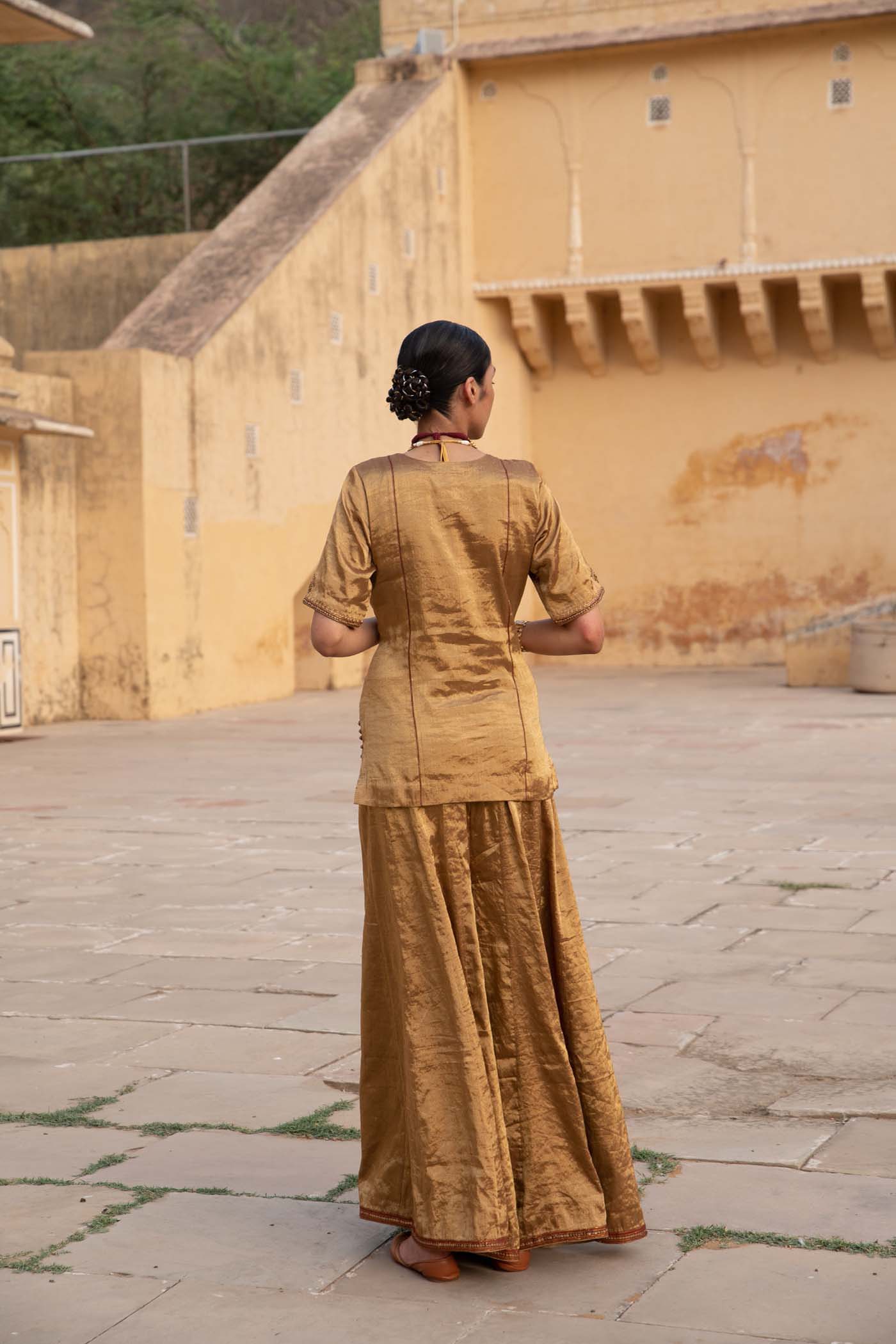A Gold Handloom Pure Metallic-Silk (Gold Tissue) Hand-Embroidered Short-Kurta-Sharara Set With Maroon Pure Kota-Silk Dupatta