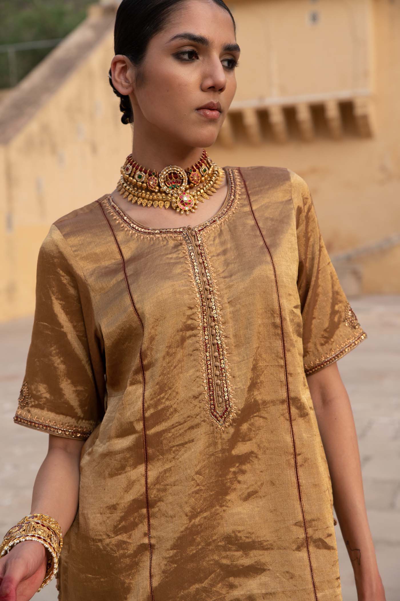 A Gold Handloom Pure Metallic-Silk (Gold Tissue) Hand-Embroidered Short-Kurta-Sharara Set With Maroon Pure Kota-Silk Dupatta