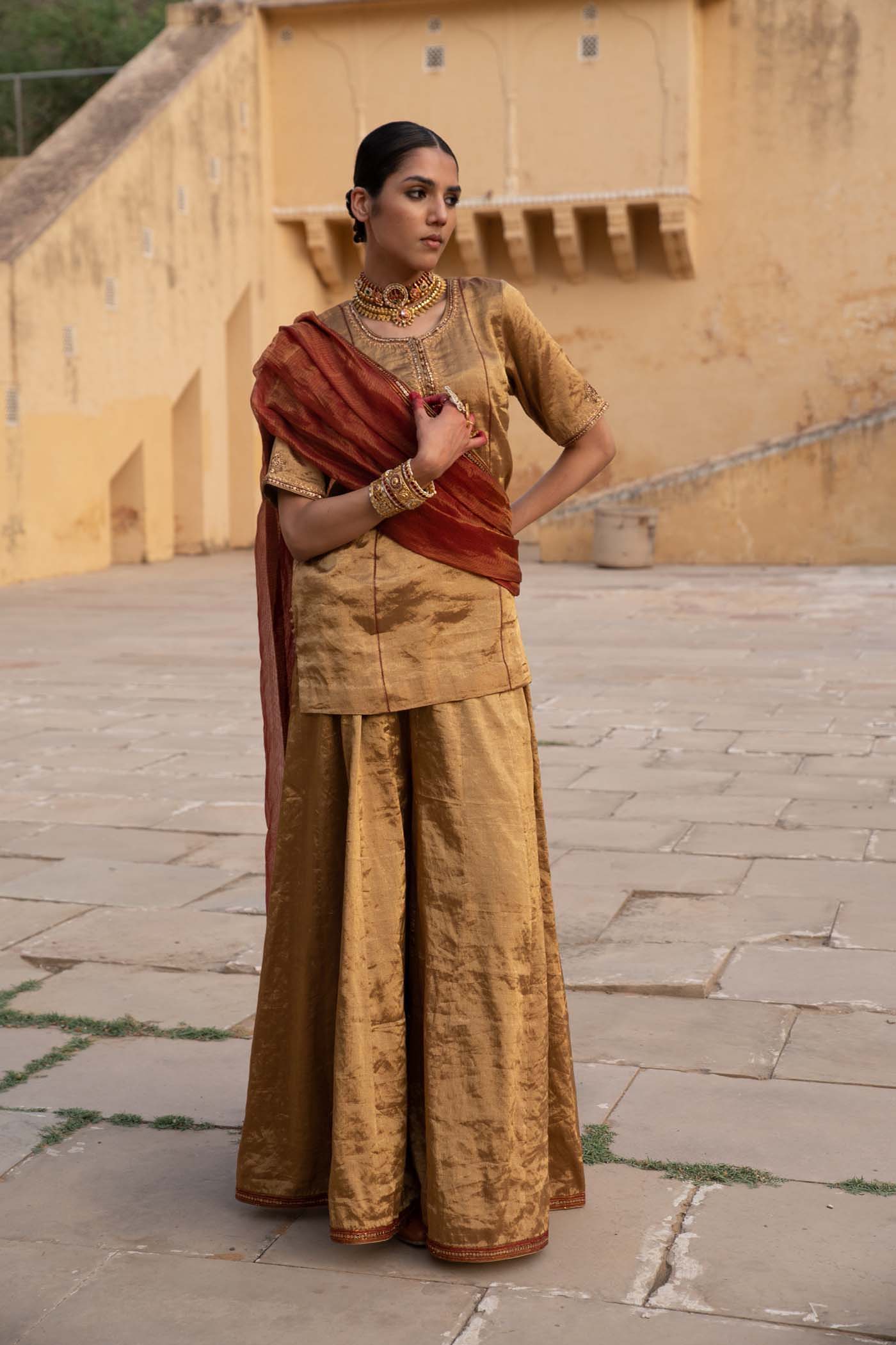 A Gold Handloom Pure Metallic-Silk (Gold Tissue) Hand-Embroidered Short-Kurta-Sharara Set With Maroon Pure Kota-Silk Dupatta