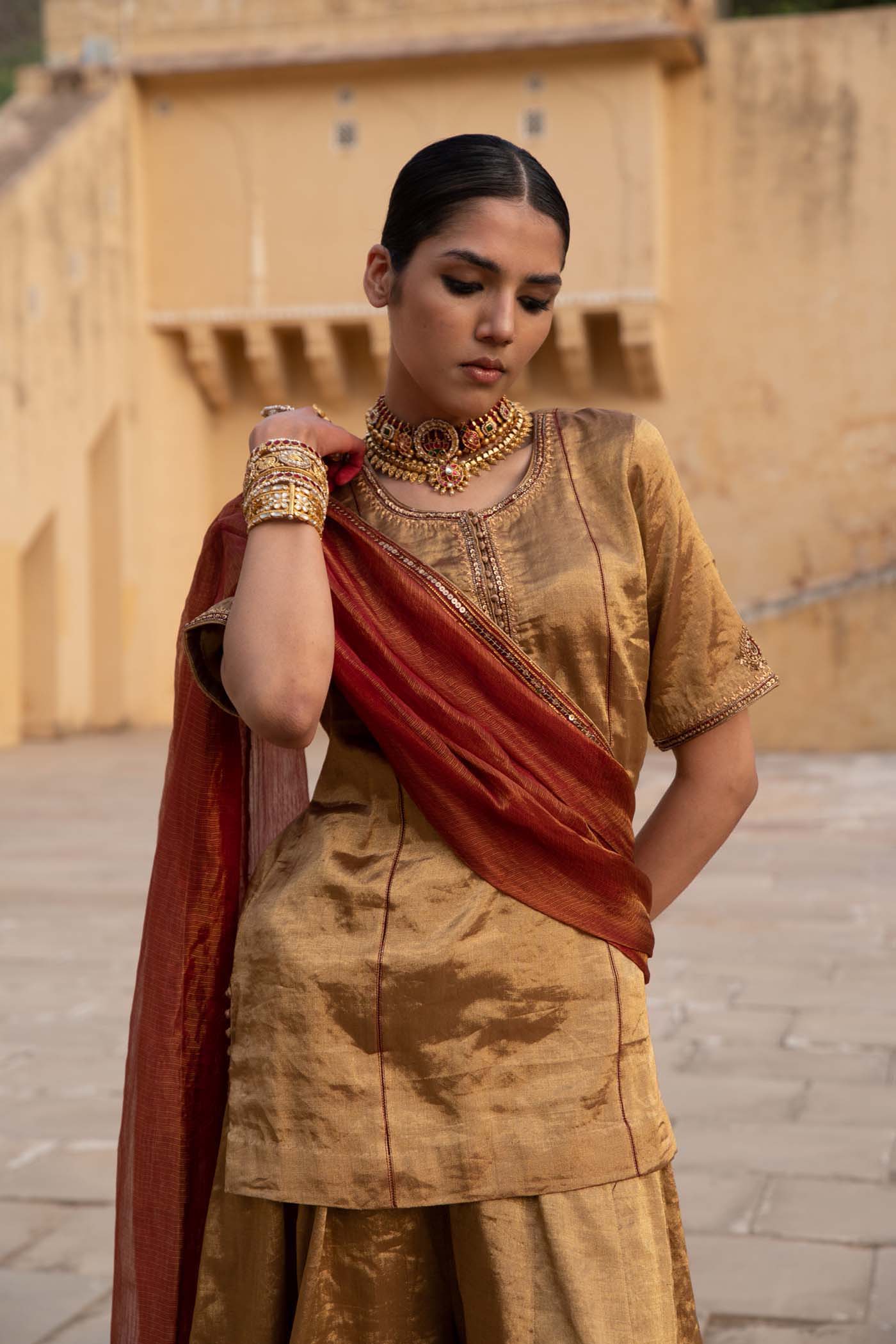 A Gold Handloom Pure Metallic-Silk (Gold Tissue) Hand-Embroidered Short-Kurta-Sharara Set With Maroon Pure Kota-Silk Dupatta