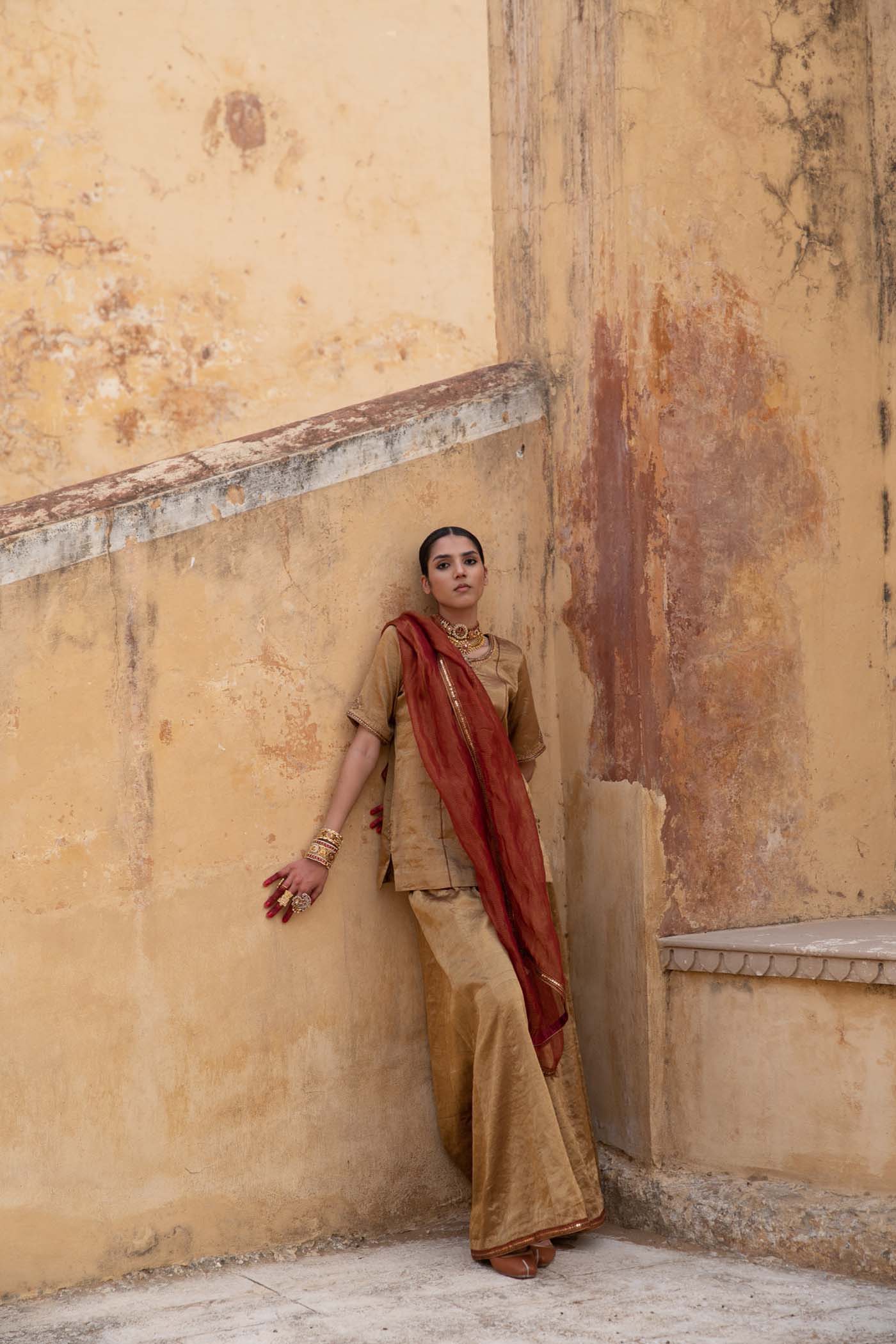 A Gold Handloom Pure Metallic-Silk (Gold Tissue) Hand-Embroidered Short-Kurta-Sharara Set With Maroon Pure Kota-Silk Dupatta