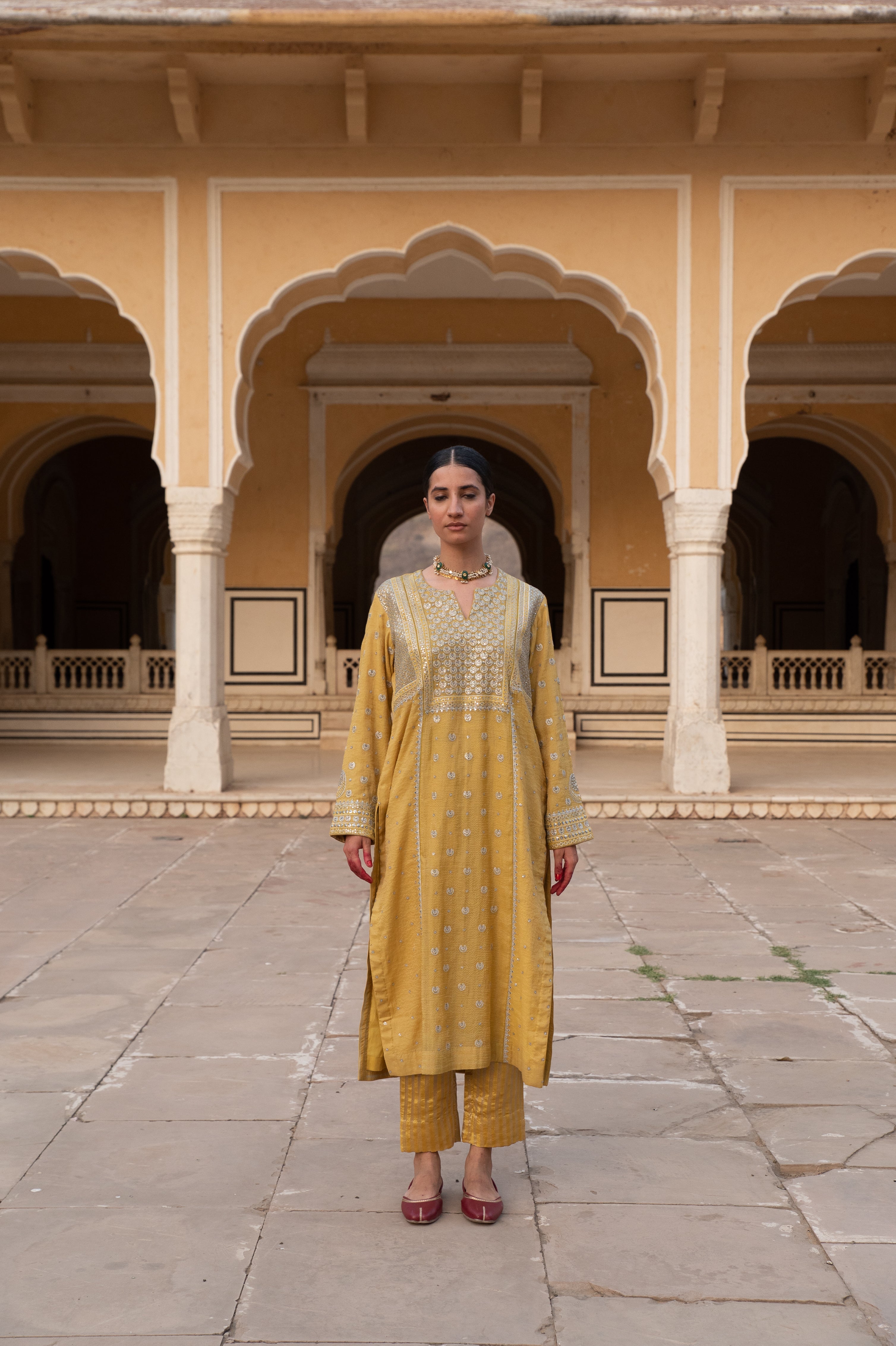 Lime-Yellow Embroidered (Chaand-Buta) Pure Handloom Silk-Cotton (Stripes & Checks) Kurta-Pants Set