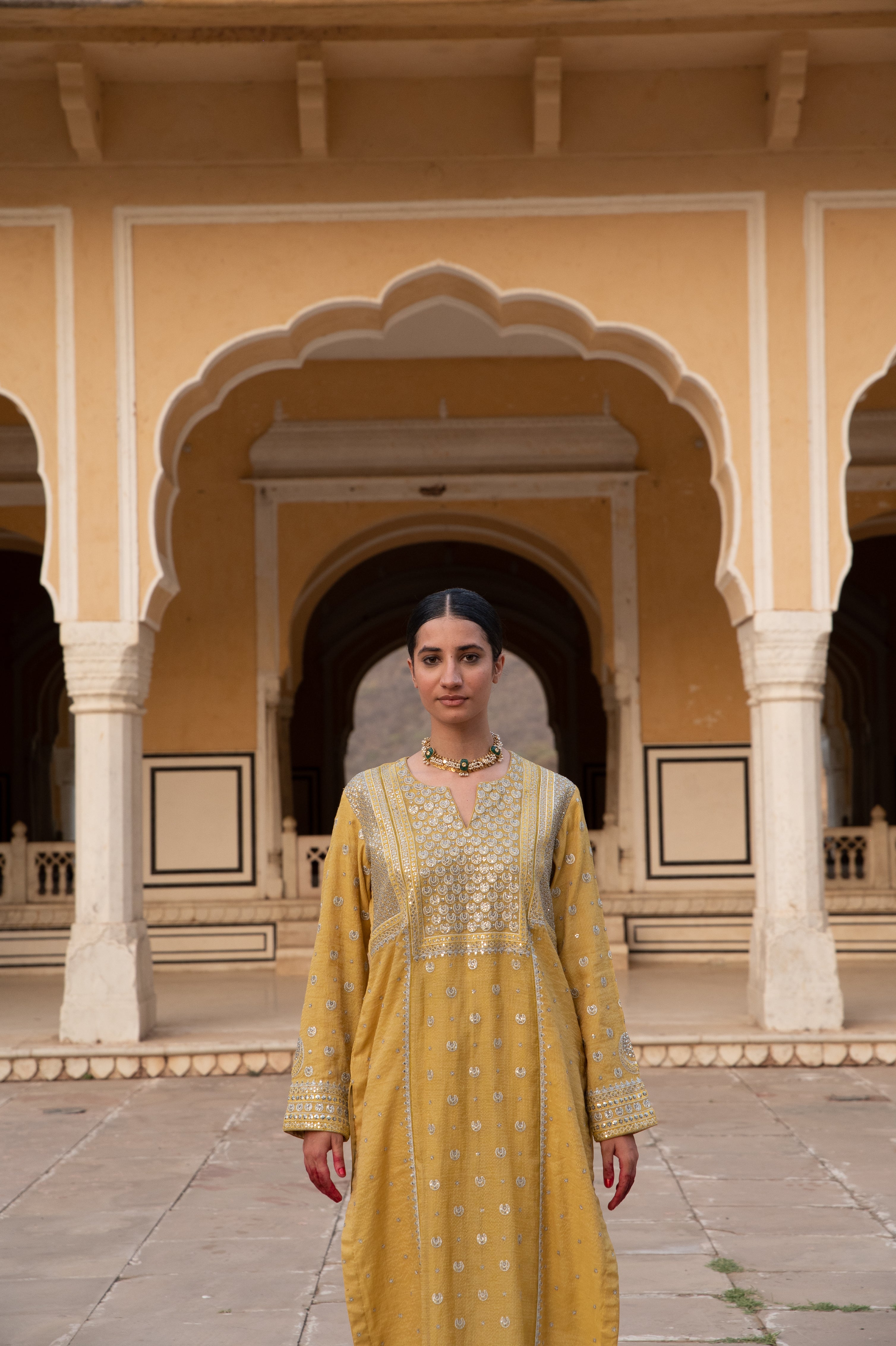 Lime-Yellow Embroidered (Chaand-Buta) Pure Handloom Silk-Cotton (Stripes & Checks) Kurta-Pants Set