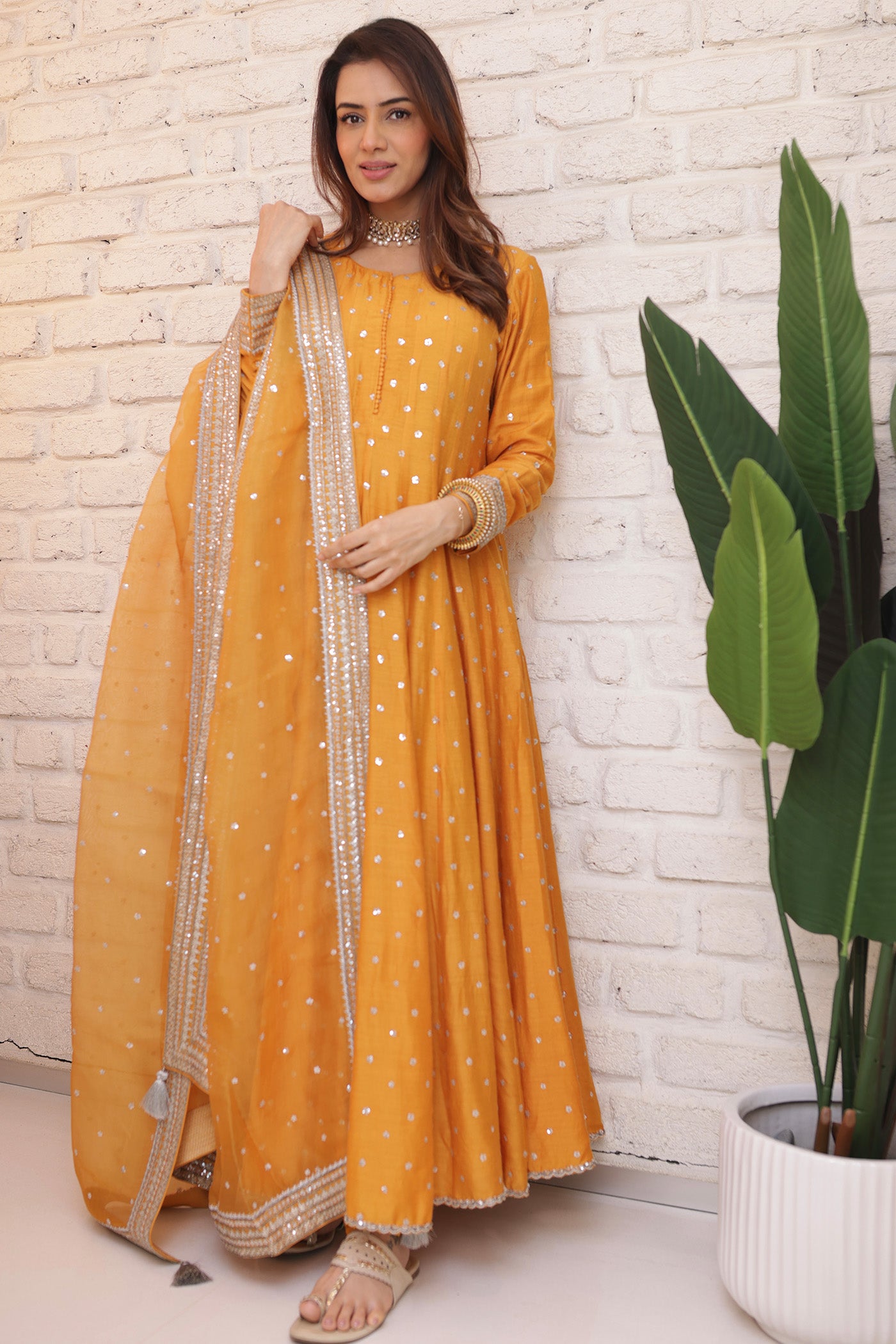 Hand Embroidered Mango Yellow Pure Muga Silk Anarkali Churidaar Set