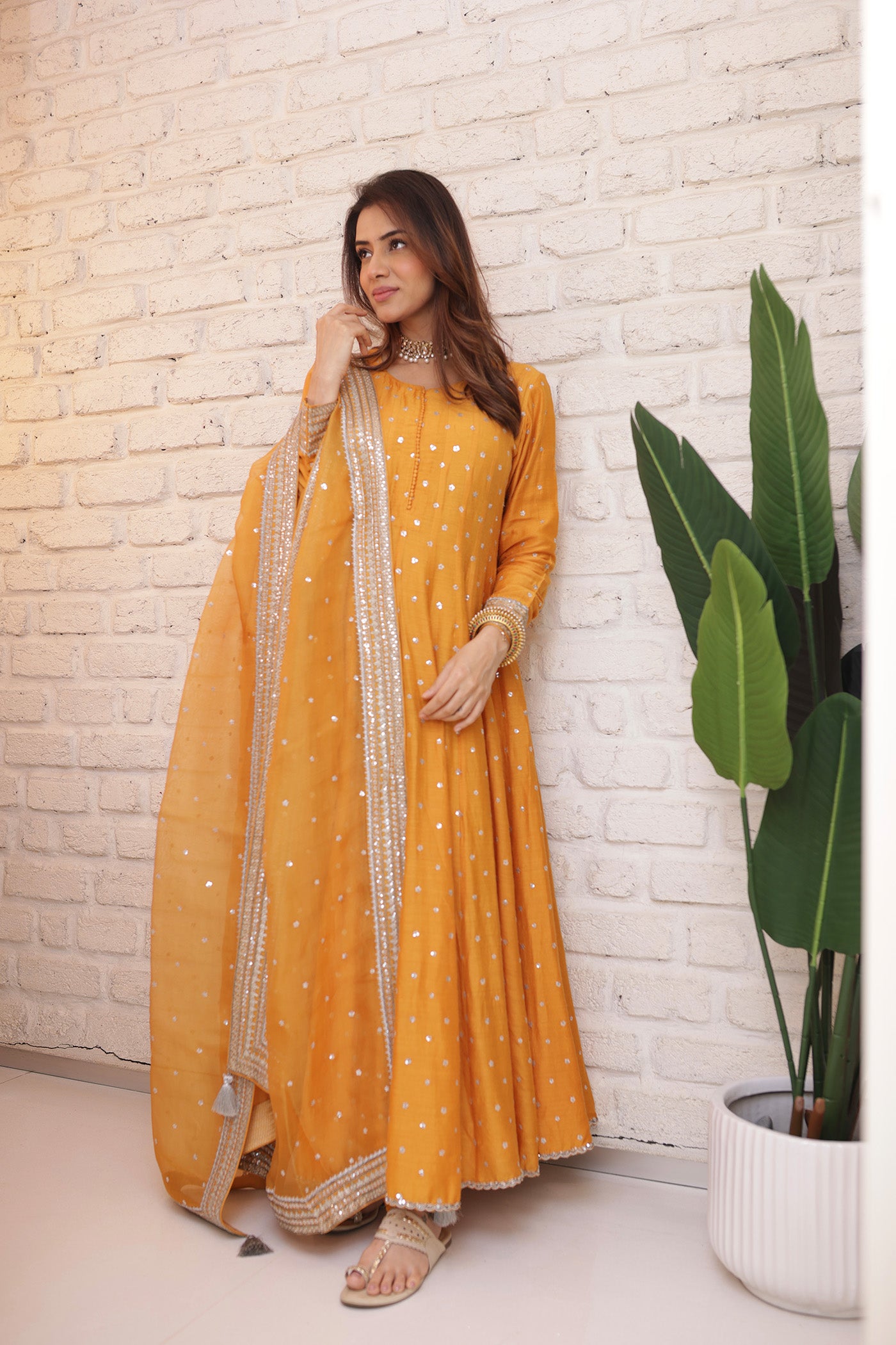 Hand Embroidered Mango Yellow Pure Muga Silk Anarkali Churidaar Set