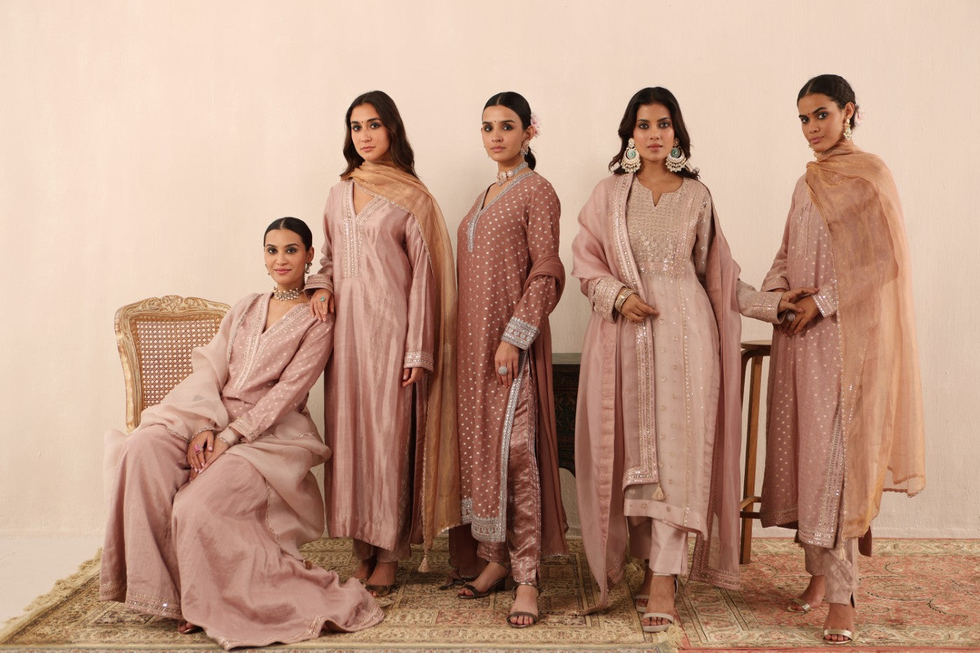 Old-Rose Embroidered Pure Silk Long-Kurta Paired With Pure Silk-Cotton With Metallic Weave Pants Set