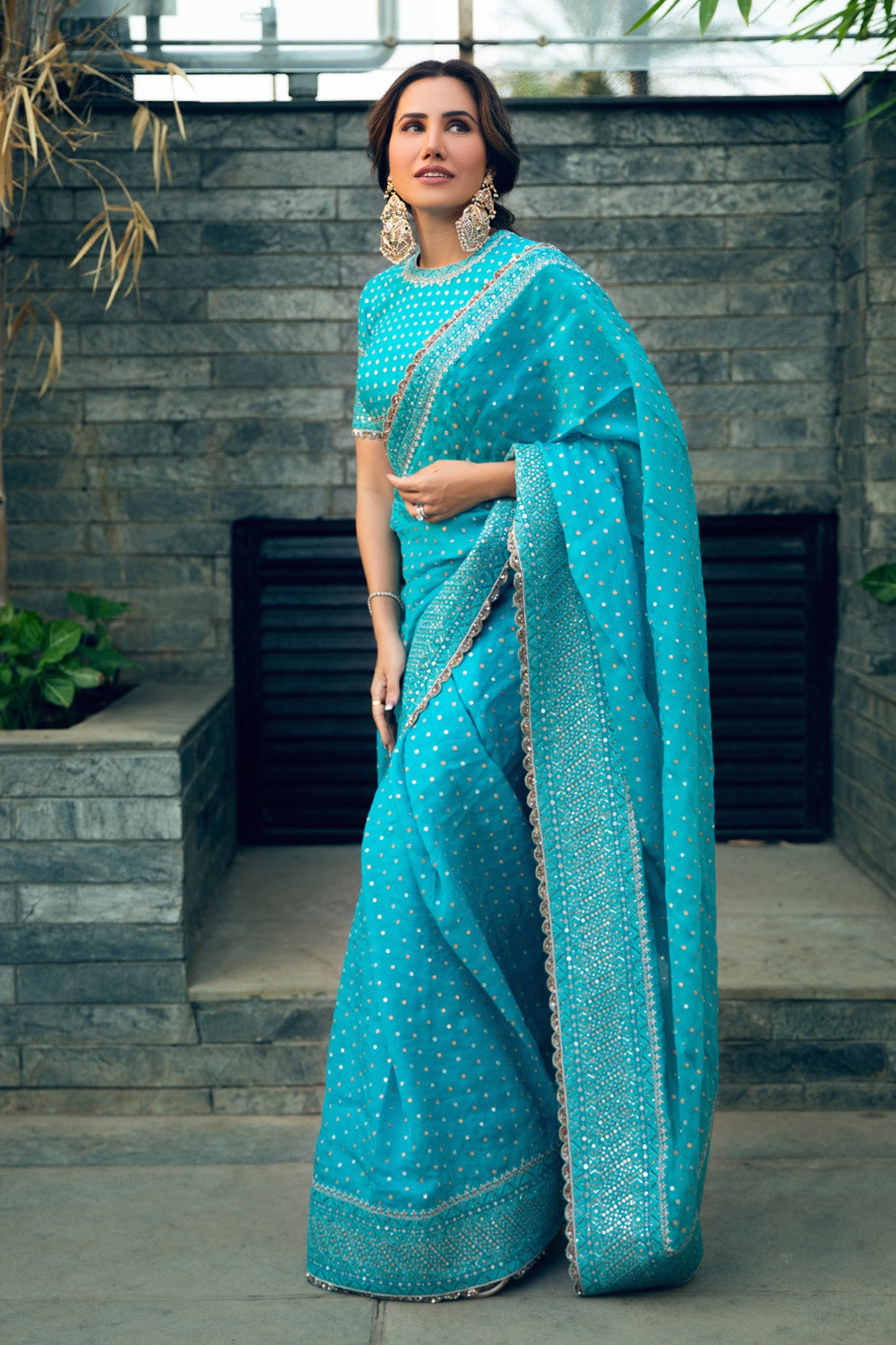 Hand-Embroidered Sea-Blue Pure Silk-Organza Saree-Blouse Set