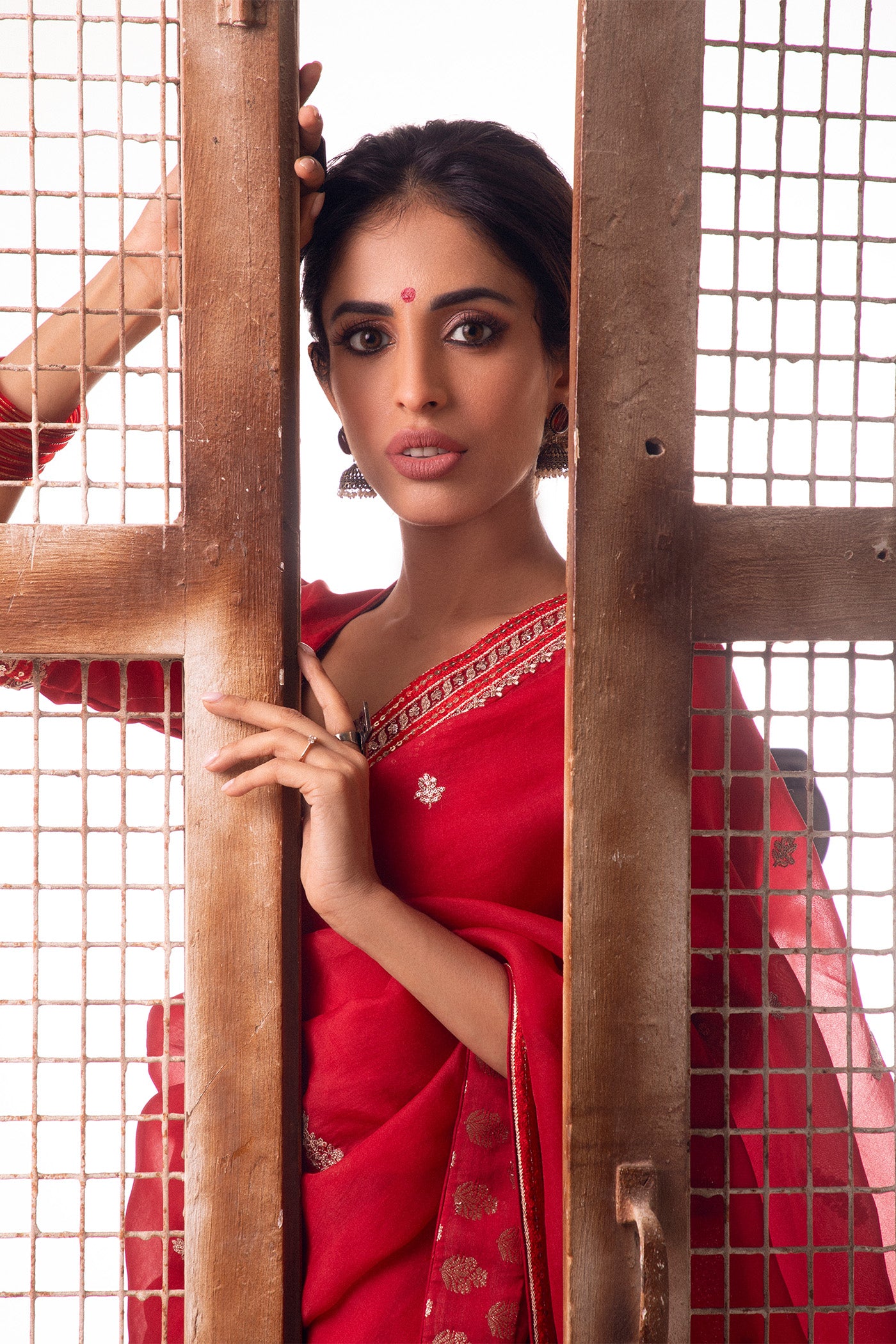 Priya Banerjee in Bridal-Red Embroidered Pure Silk-Organza Saree-Blouse Set